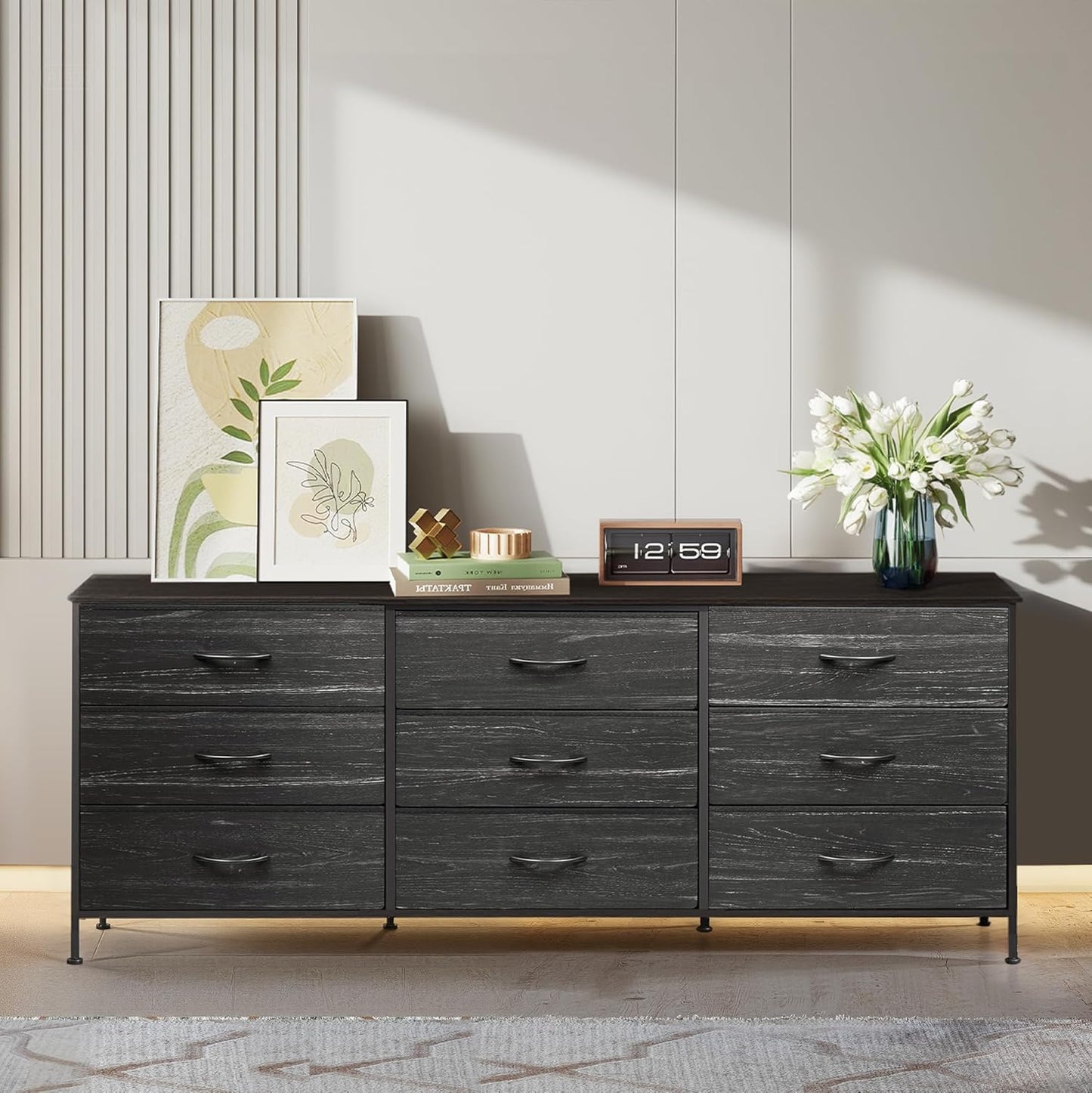 WLIVE 63''W Dresser for Bedroom, Black Dresser TV Stand for 65, 70, 75 inch TV, Wide Chest of Drawers with 9 Drawer, Large Entertainment Center, Fabric Dressers with Wood Top for Closet, Living Room