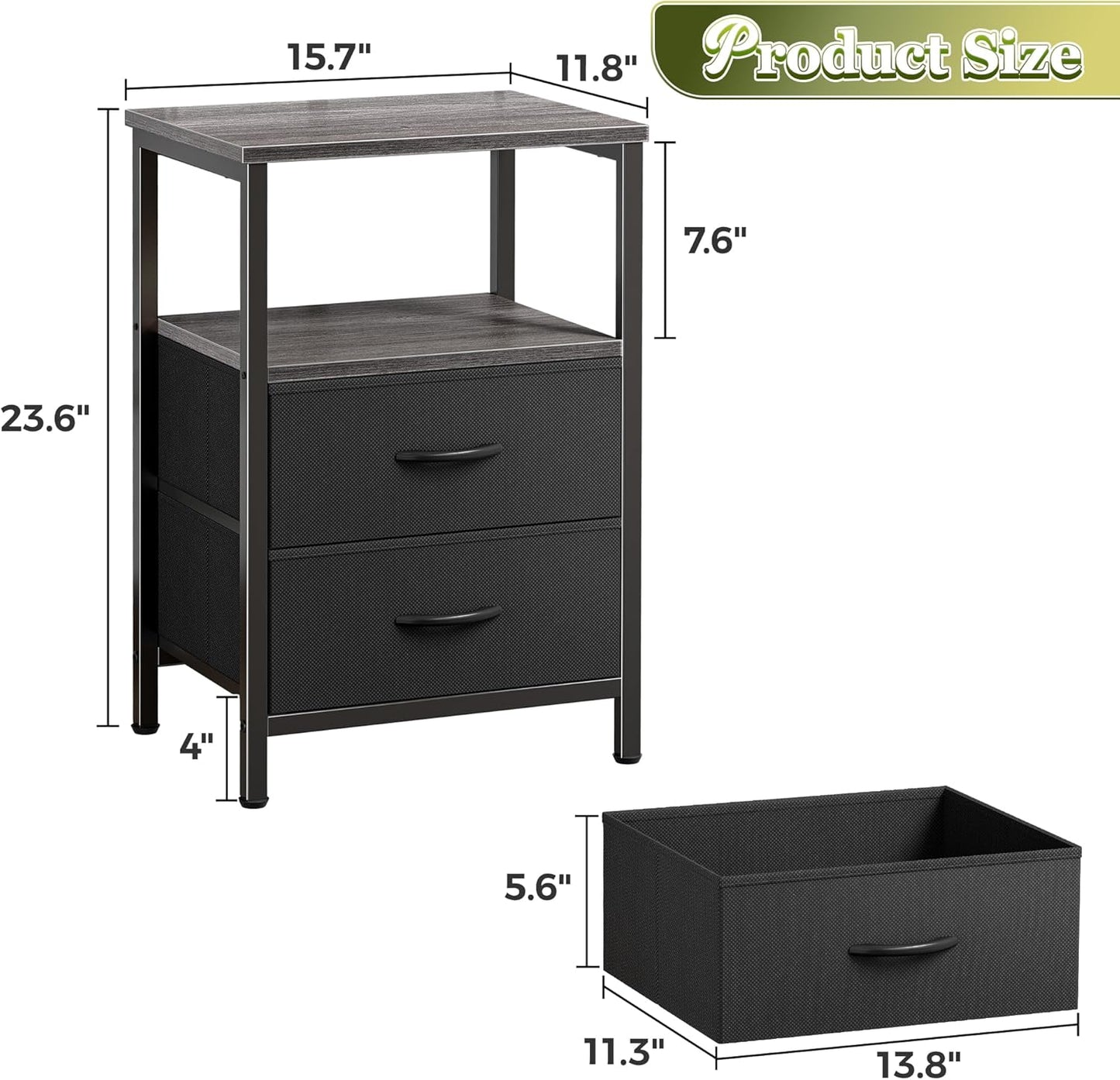 Huuger Night Stand Set of 2, Nightstand with 2 Drawers, Bed Side Table with Open Shelf, Wooden Top, End Table, Fabric Drawer, for Bedroom, Grey