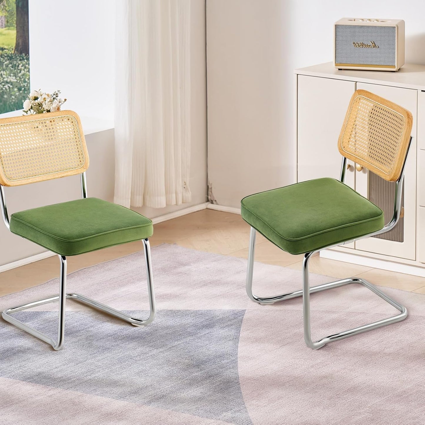 VEVOR Rattan Dining Chairs Set of 2, Mid Century Modern Dining Chair, Upholstered Velvet Accent Chair with Rattan Back, Retro Dining Room Kitchen Chair for Living Room, Bedroom (18.1 Inch)