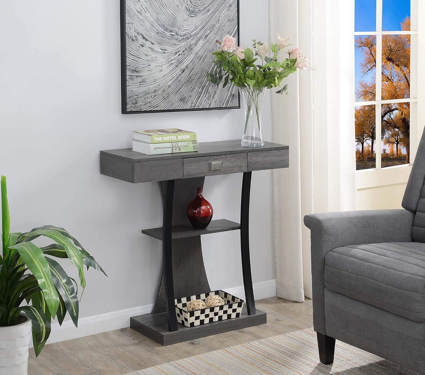 Convenience Concepts Newport Harri Console Table 36" - Modern Sofa Table with Storage Shelves, One Drawer Narrow Entryway Hall Table for Living Room, Charcoal Gray