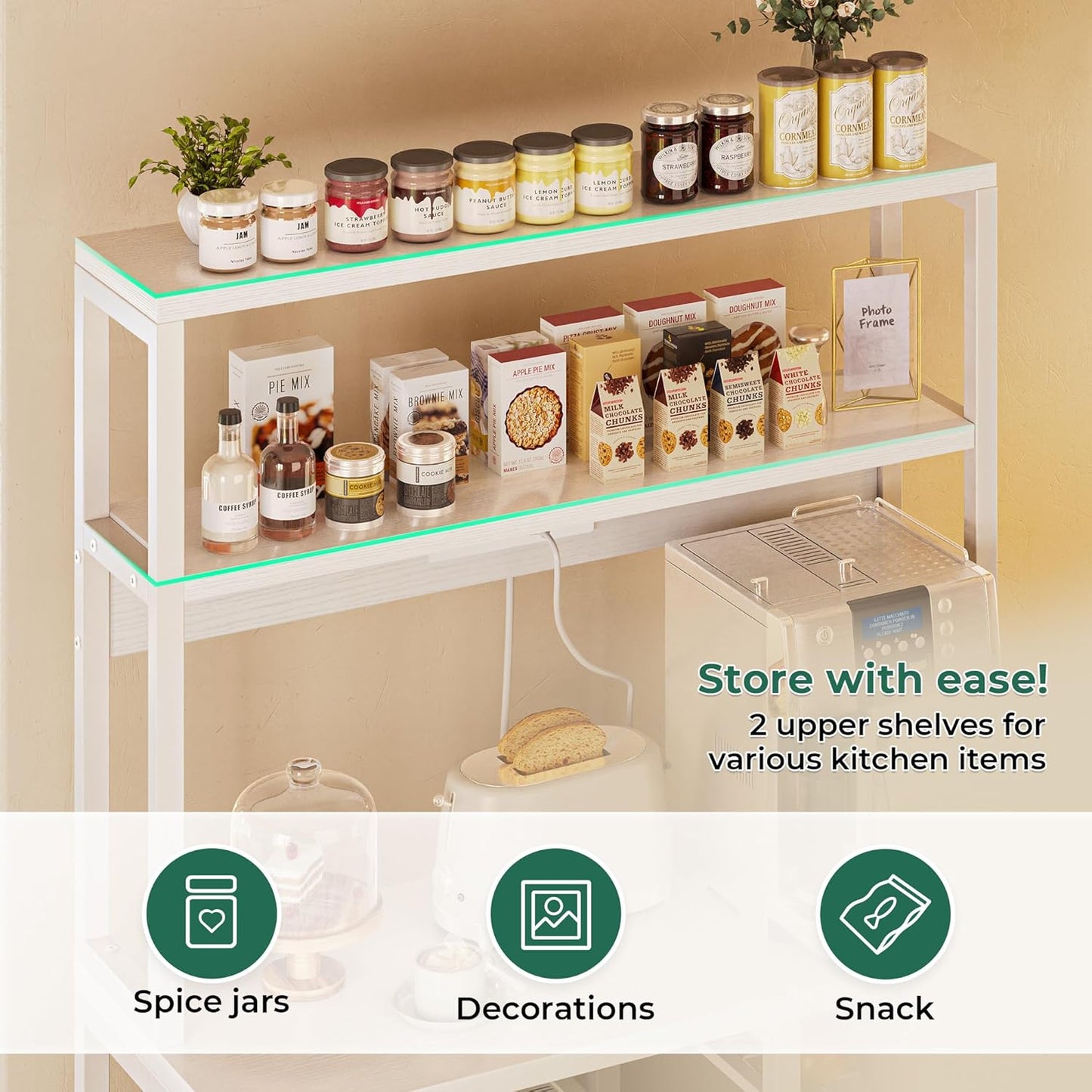 SUPERJARE Bakers Rack with Power Outlet, 35.4 Inches Coffee Bar with Wire Basket, Kitchen Microwave Stand with 6 S-Shaped Hooks, Open Storage Shelves, White