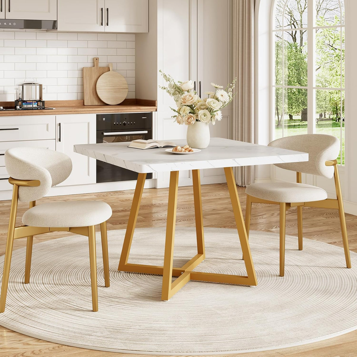 LITTLE TREE 31.5 Inches Small Dining Table for 4, Square Dinner Table for Small Space, Dining Room Tables, White Gold Wooden Kitchen Table with Metal Legs, Modern Leisure Cafe Table for Apartment