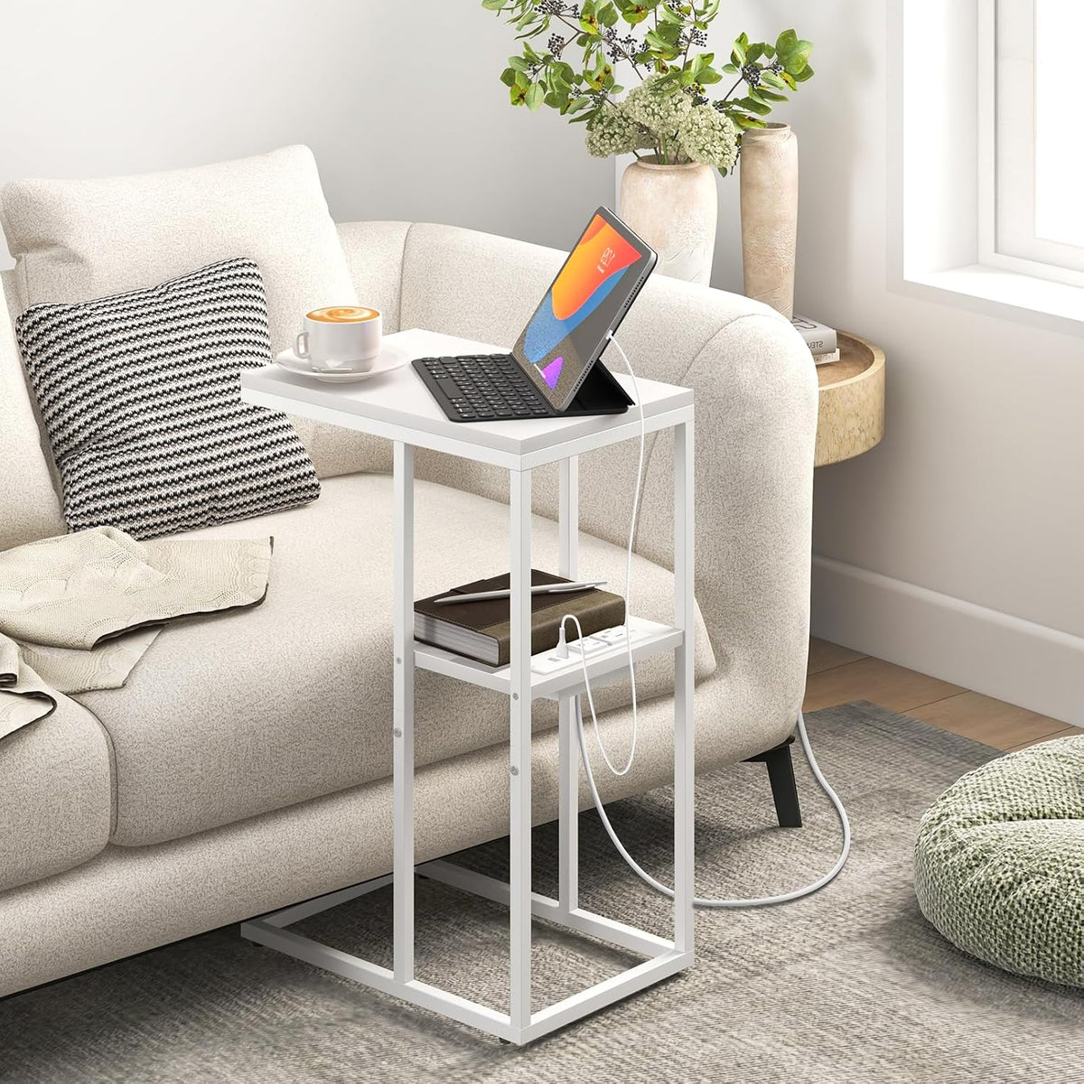 Yoobure C Shaped End Table with Charging Station, Small Side Tables for Living Room Bedroom, Sofa Table with USB Ports and Outlets for Small Spaces, Rustic Bed Side Table