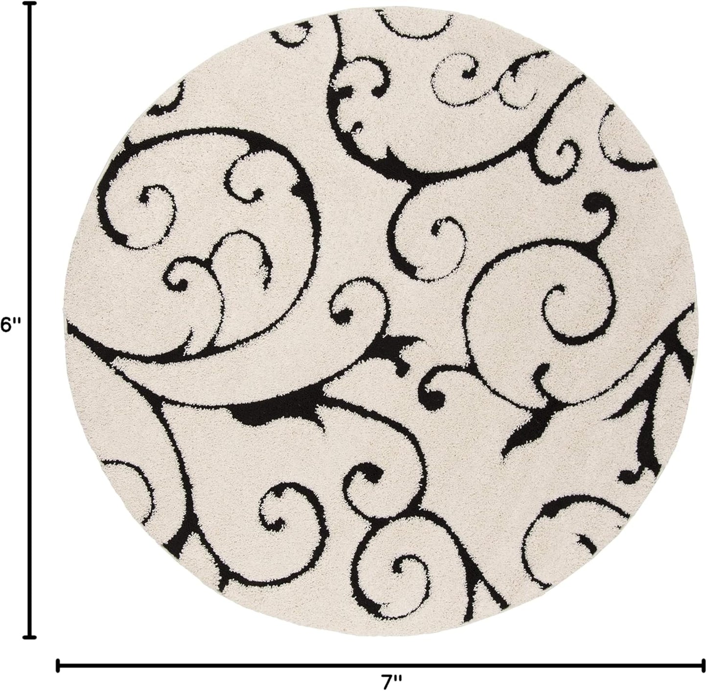 SAFAVIEH Florida Shag Collection Area Rug - 6'7" Round, Ivory & Black, Scroll Design, Non-Shedding & Easy Care, 1.2-inch Thick Ideal for High Traffic Areas in Living Room, Bedroom (SG455-1290)