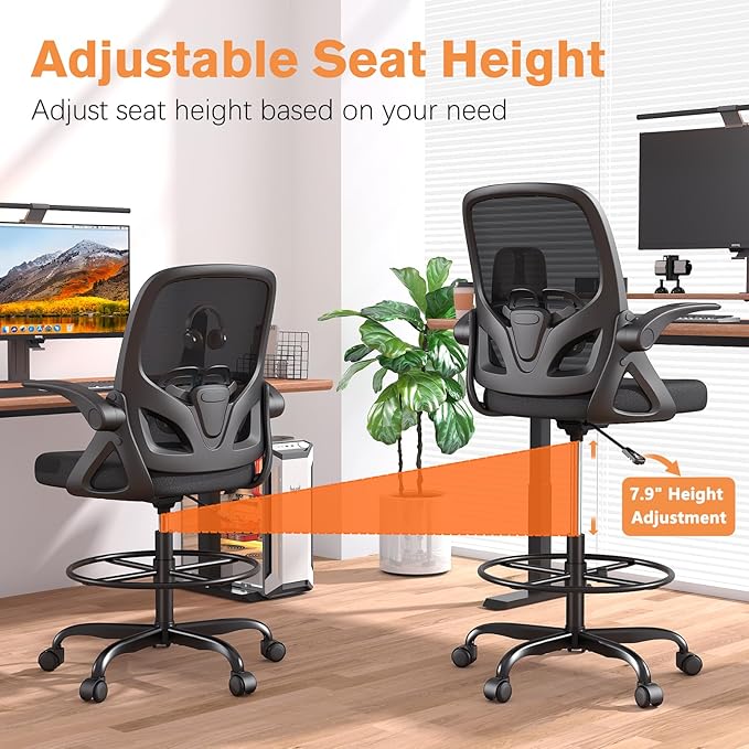 Tall Drafting Chair with Lumbar Support and Footrest Ring, Supportive Tall Extended Height Ergonomic Desk Chair for Home Work, Breathable Mesh Office Chair with Flip up Arms(Black)