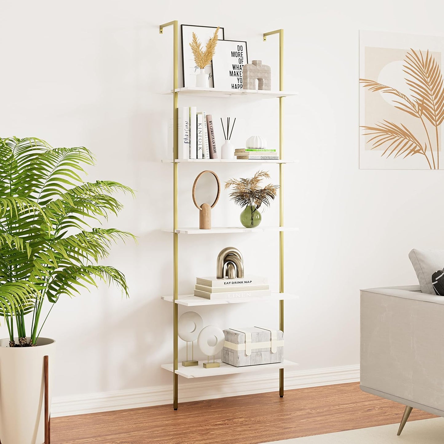 5 Tiers Ladder 2-Piece Shelf White Marble Modern Bookshelf Open Tall Wall Mount Bookcase Standing Leaning Wall Shelves Industrial Decorative