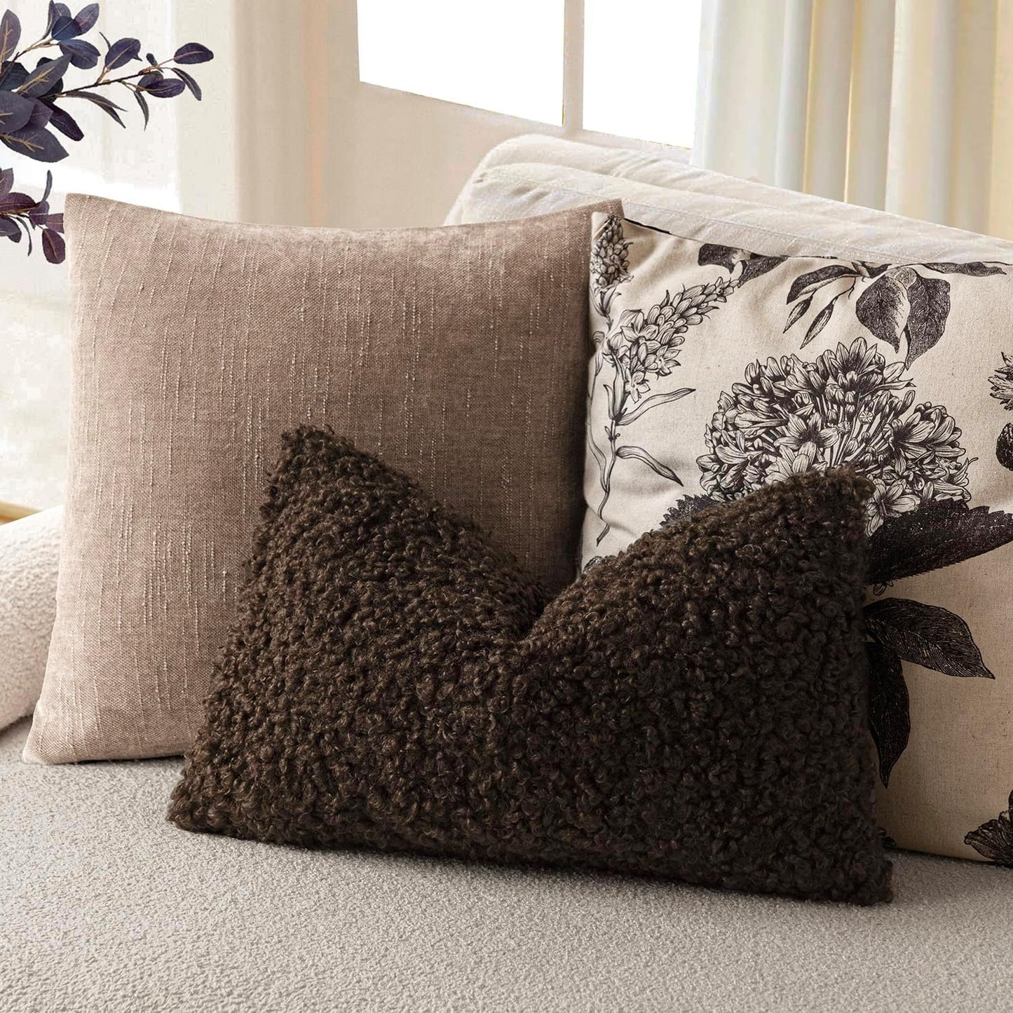 Foindtower Set of 2 Curly Teddy Wool Pillow Covers Decorative Boucle Textured Lumbar Throw Pillow Faux Fur Sherpa Pillowcases Sheepskin Fuzzy Cushion Case for Sofa Bedroom Car 12"x20" Dark Brown