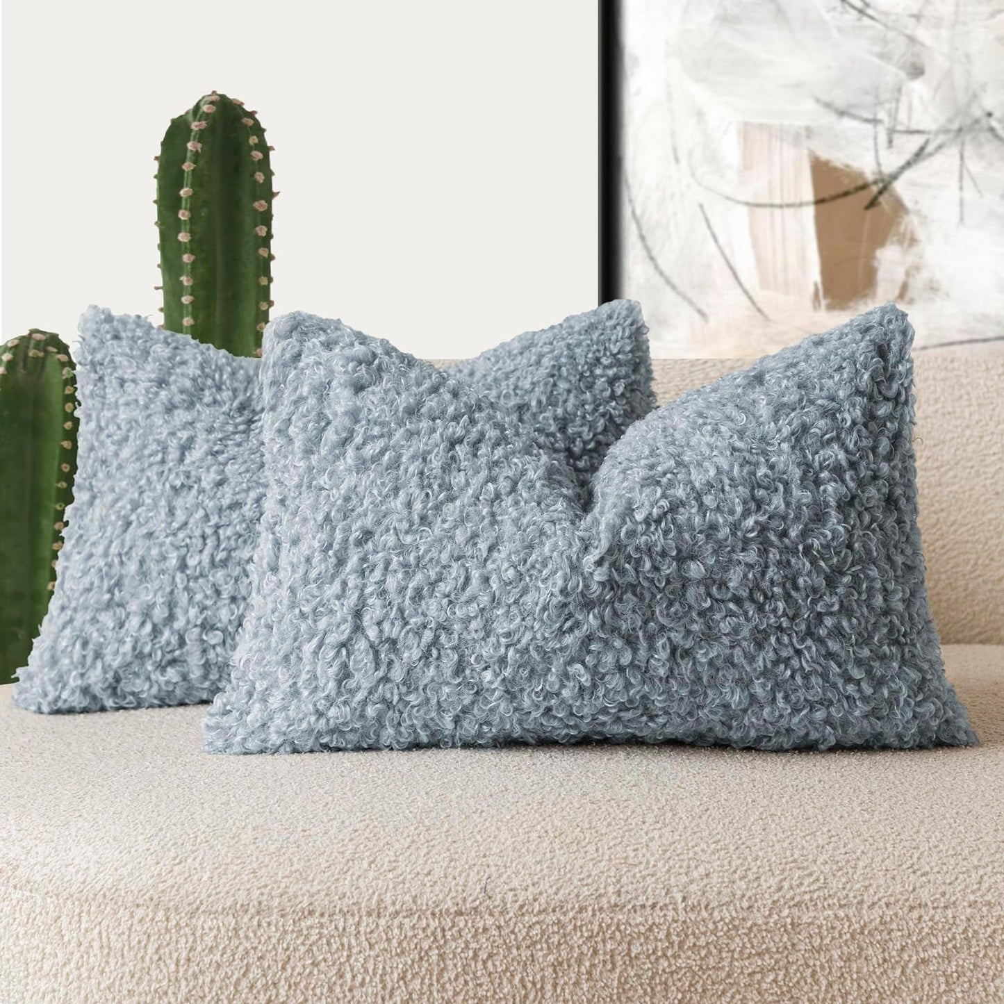 Foindtower Set of 2 Curly Teddy Wool Pillow Covers Decorative Boucle Textured Lumbar Throw Pillow Faux Fur Sherpa Pillowcases Sheepskin Fuzzy Cushion Case for Sofa Bedroom Car 12"x20" Misty Blue
