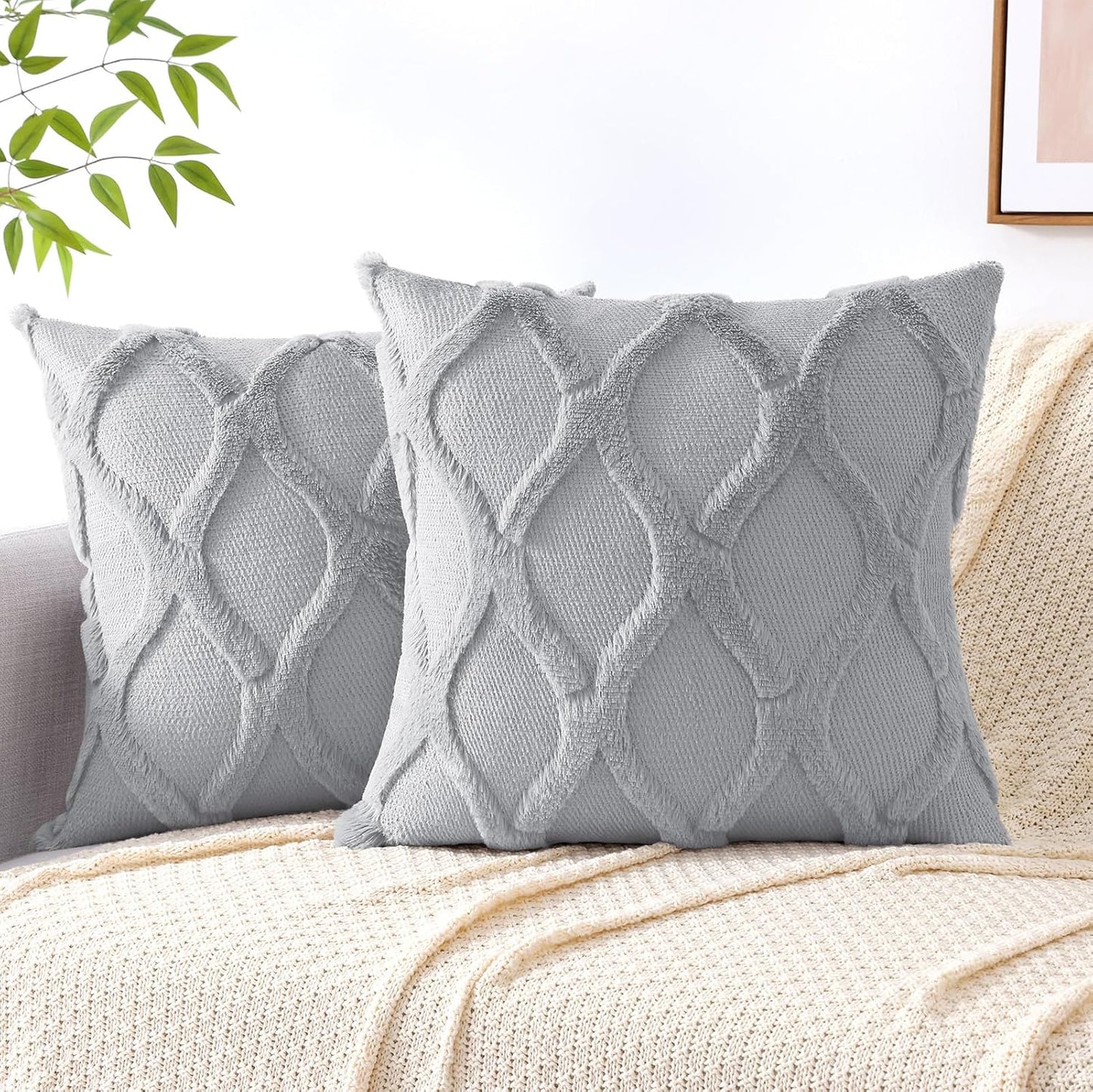 decorUhome Throw Pillow Covers 22x22 Inch Set of 2, Soft Plush Faux Fur Wool Grey Couch Pillow Covers, Decorative Neutral Pillow Cases for Bed Sofa Living Room Home Decor