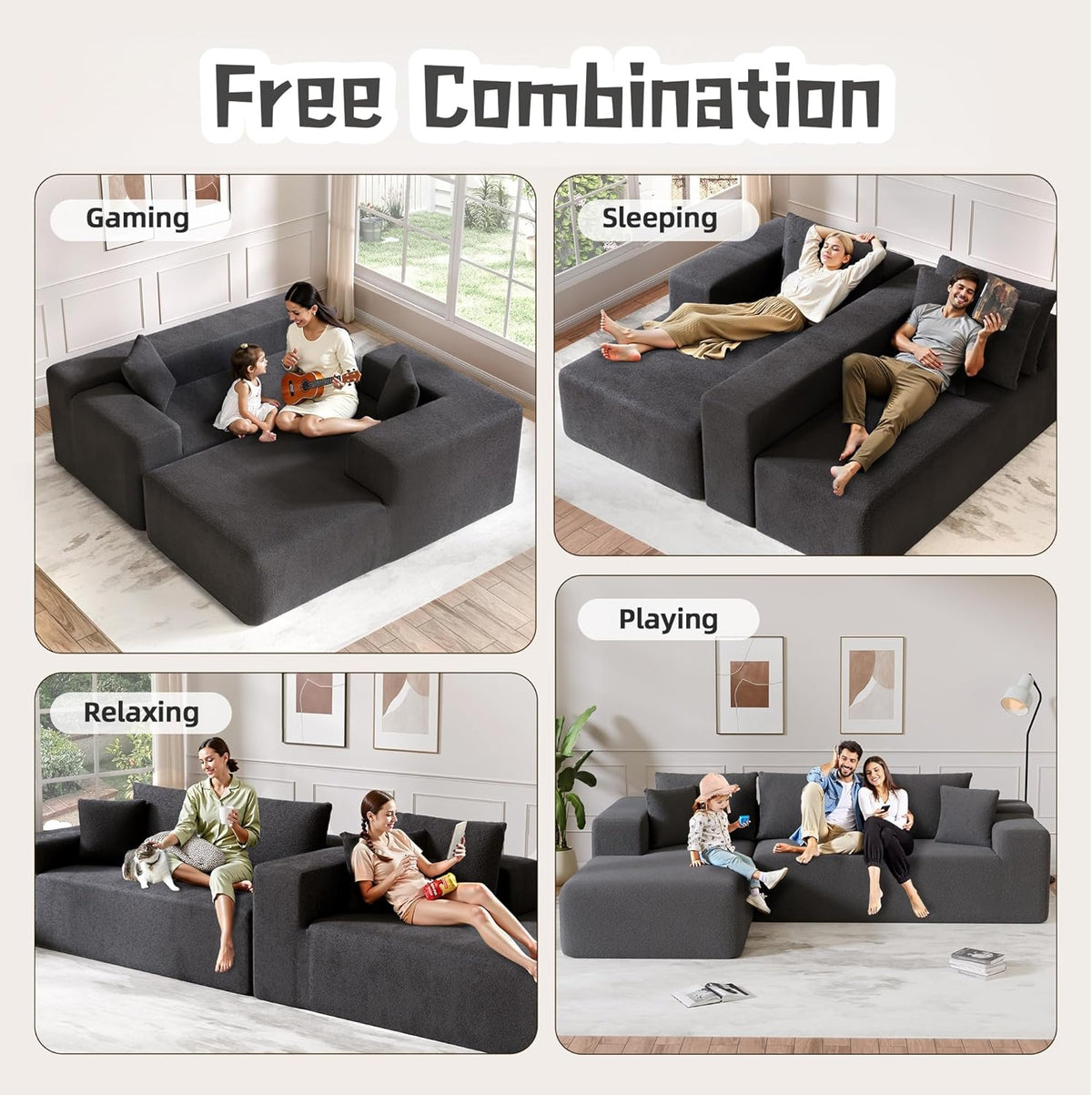 Cloud Sectional Couch, 104”L-Shape Oversized Sofa with Right Chaise Lounge, Modular Sleeper Couch with Pillows & Deep Seat, Rain Drop Velvet Fabric Compressed Sofa for Living Room, Dark Gray