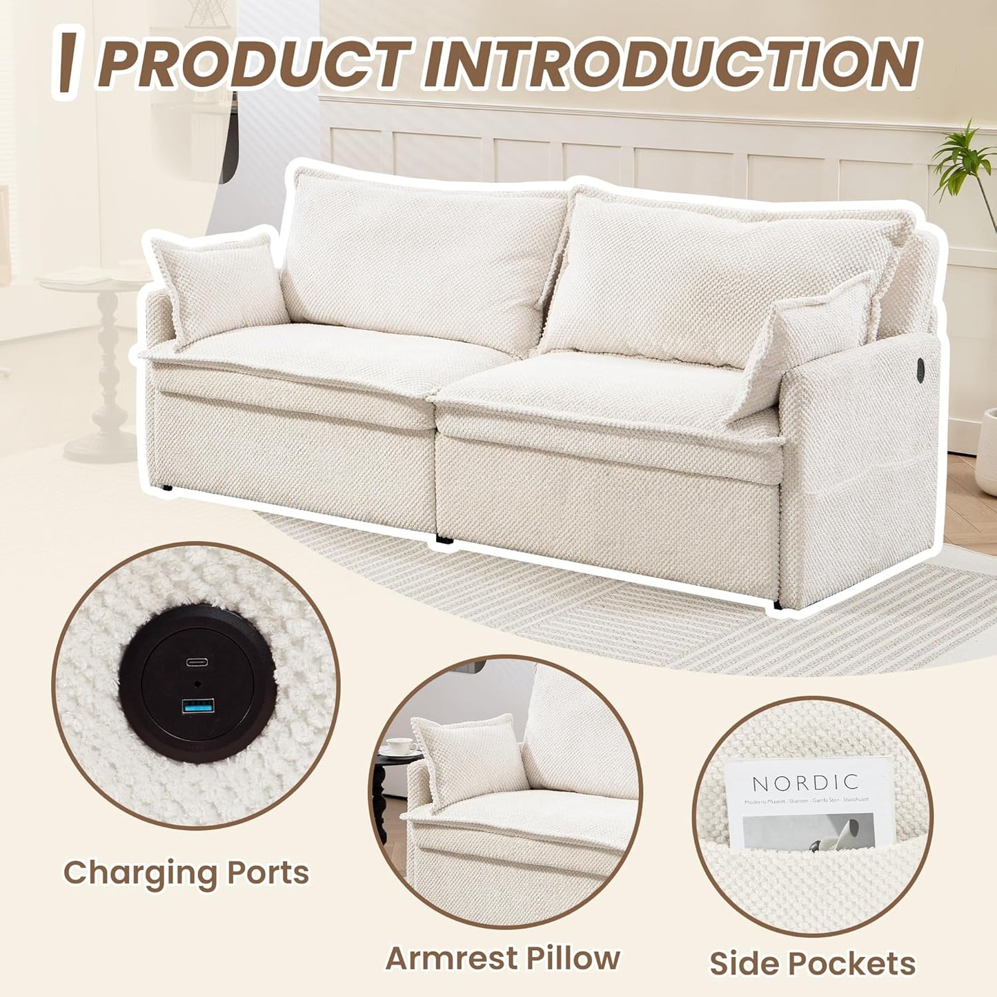 Furnimart 73.6" King Size Pull Out Sofa Bed, 3 in 1 Convertible Sleeper Bed with USB/C-Type Charging Ports & Side Pockets, Modern Futon Couch for Living Room, Apartment, Bedroom, Corduroy White
