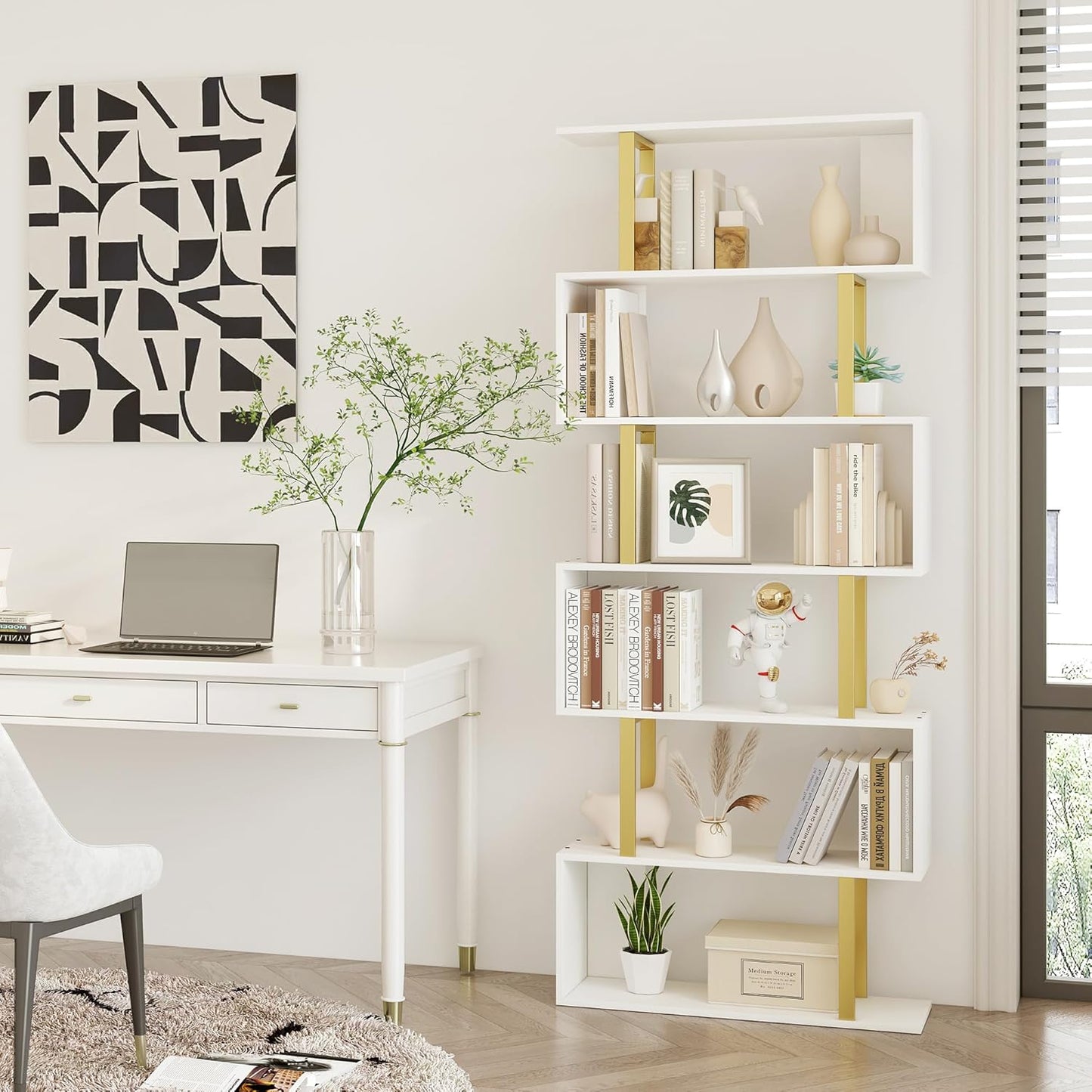 Yusong Geometric Bookcase, S Shaped Bookshelf 6-Tier Book Shelves for Bedroom, Modern Wood Decorative Display Shelf Tall Book Case for Home Office, Gold and White