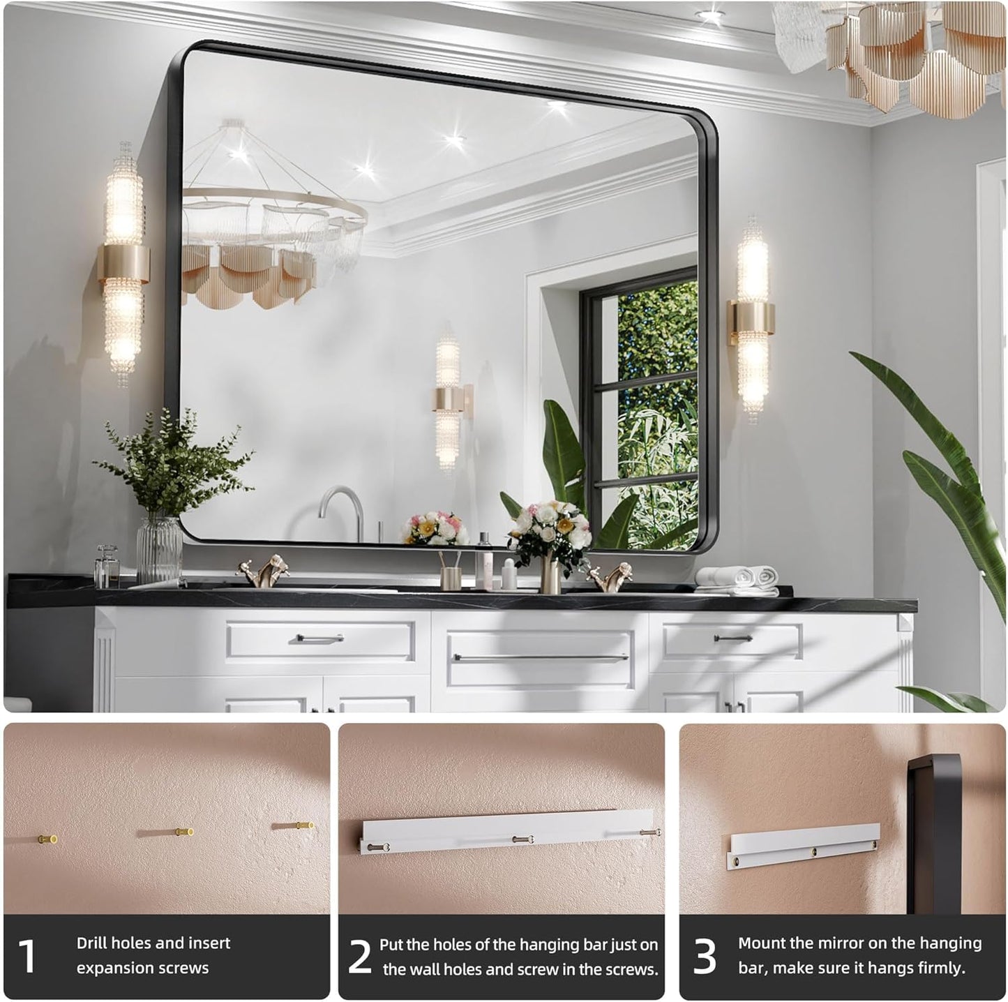 Hasipu Black Bathroom Mirror 50x40 Inch Rounded Rectangle Vanity Mirror Metal Framed Wall Mirrors Anti-Rust Surface Mount (Horizontal/Vertical)