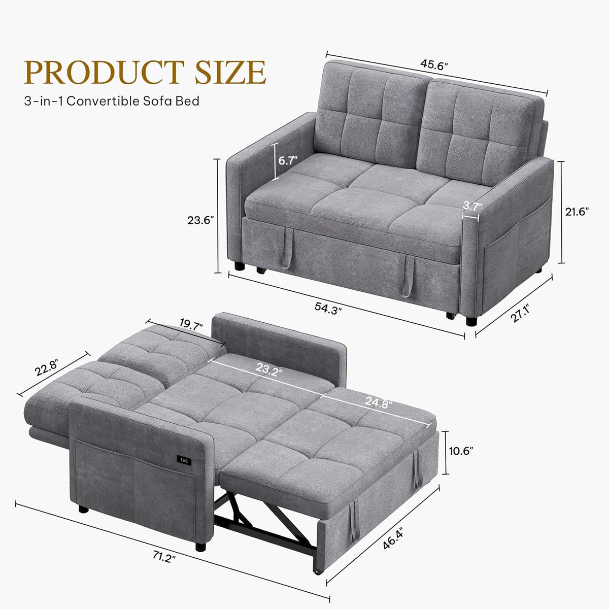 DWVO 55" Convertible Sofa Bed, 3-in-1 Sleeper Sofa with Pull-Out Couch, Velvet Futon Couch with Adjustable Backrest and USB, Modern Loveseat for Living Room Apartment, Light Grey