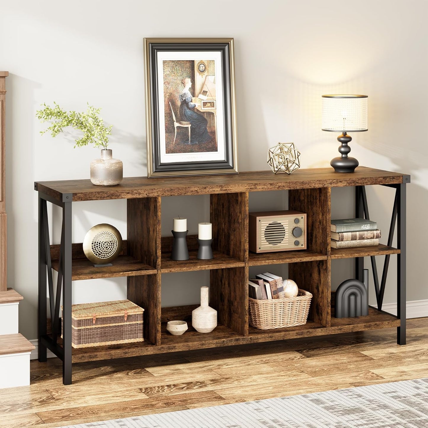 GarveeHome 8 Cube Storage Organizer Bookshelf, 3 Tier Metal Horizontal Bookcase, 62 Inch Console Bookshelf, Industrial Storage Bookcase for Entryway, Long Low Bookshelves for Living Room-Retro Brown