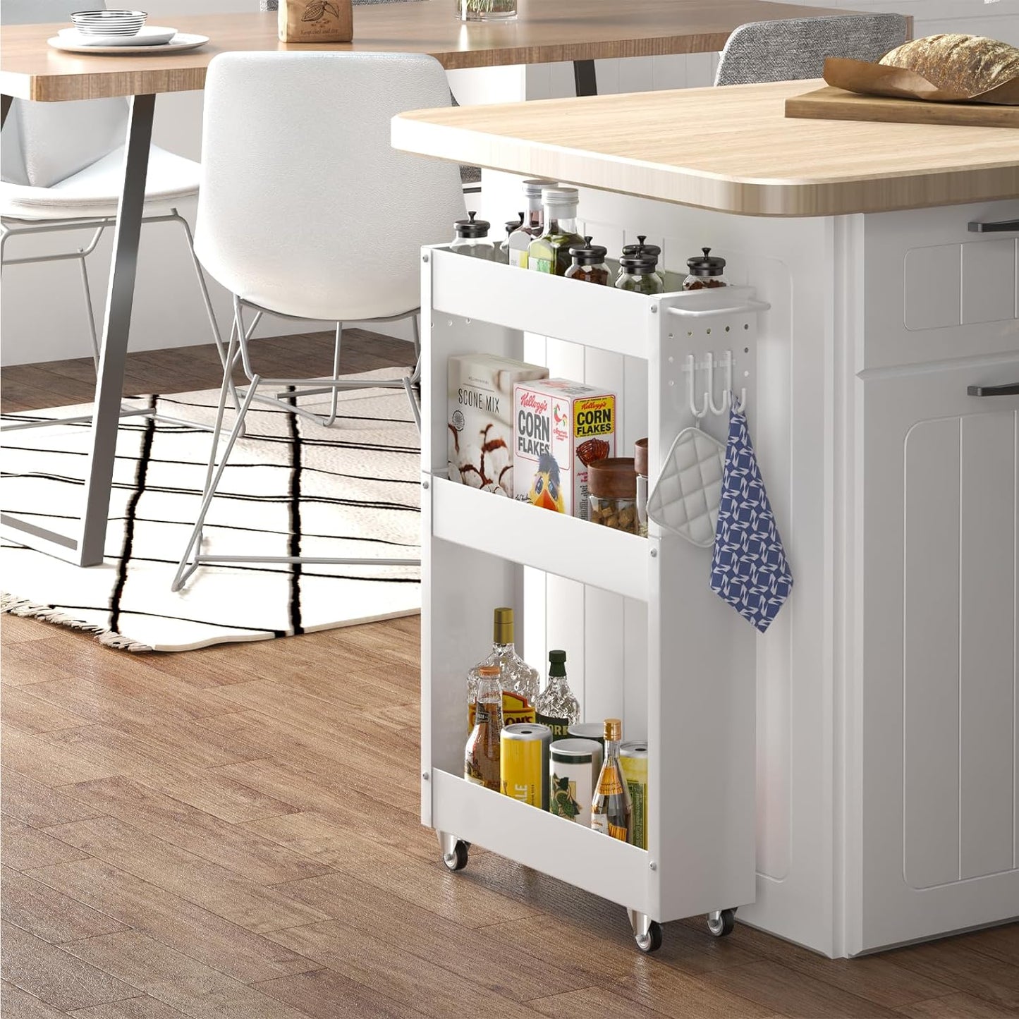 Slim Storage Cart, 5 in Width, 3-Tier White Rolling Cart with Handle for Kitchen Bathroom Laundry Narrow Places
