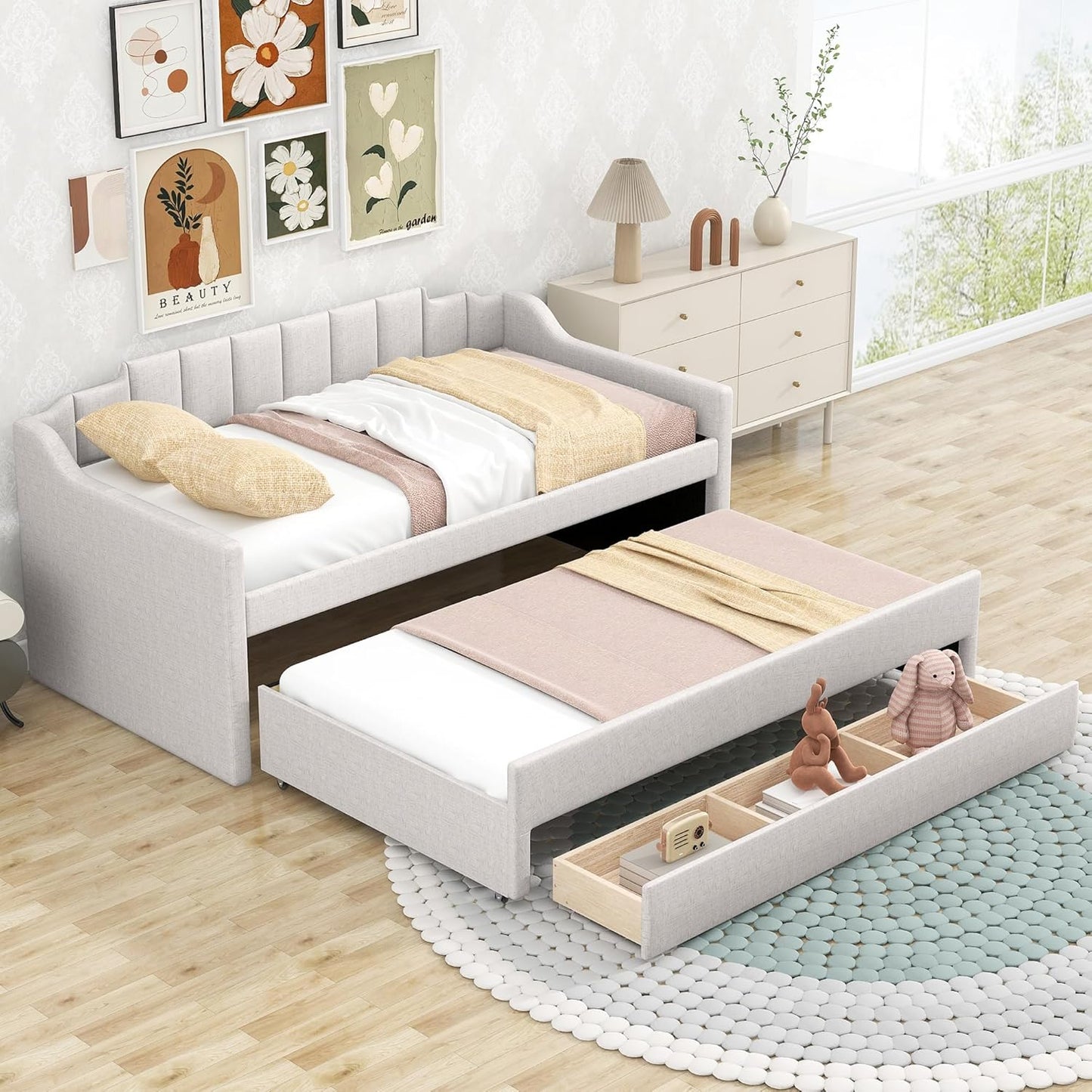 Twin Size Upholstered Daybed with Trundle and Three Lower Drawers,Linen Sofa Bed for Apartment Living Room Guest Room,Solid Wood Trundle Day Bed Frame, No Box Spring Needed,Beige