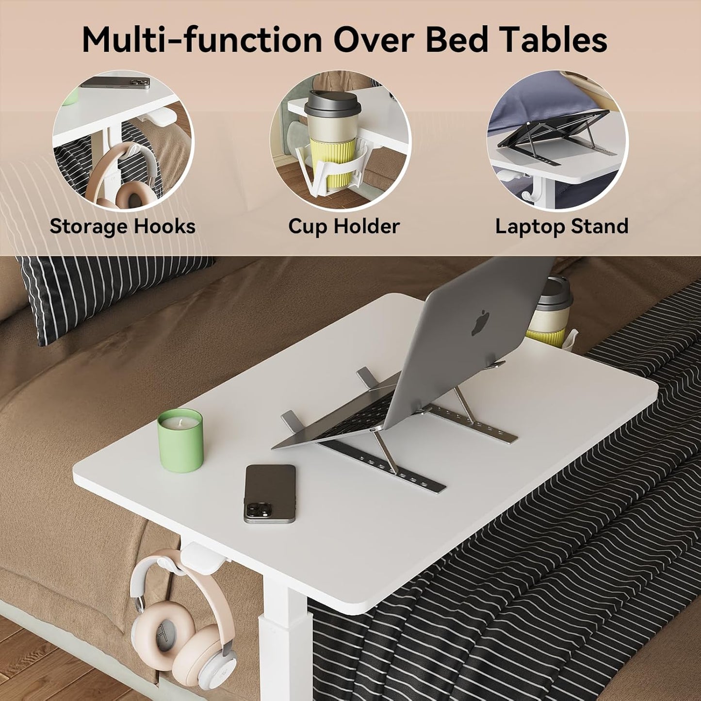 Gas Spring Adjustable Height Rolling Portable Laptop Desk, Mobile Standing Desk on Wheels, Small Sit Stand Desk with Laptop Stand/Cup Holder/Hook (White, 26"x19")