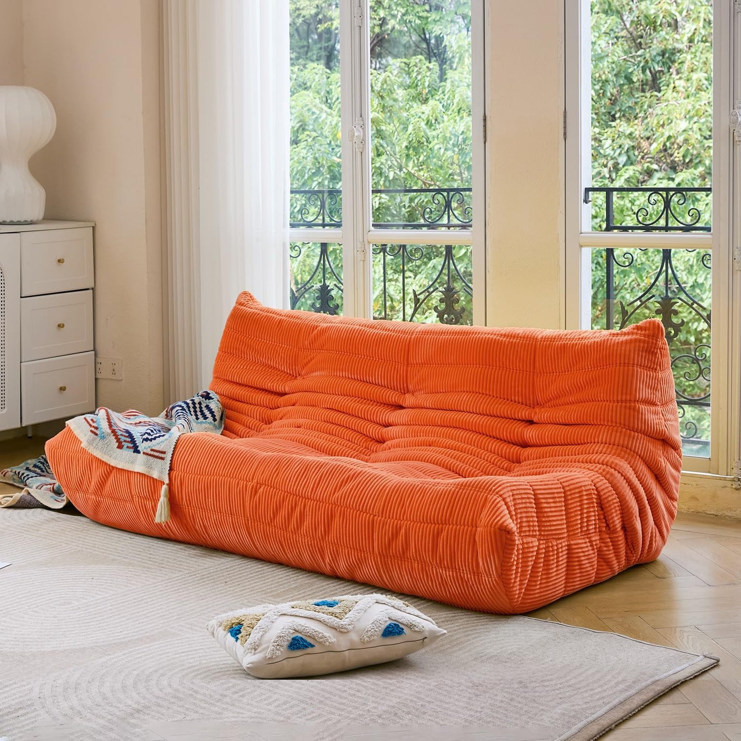 N&V Fireside Three Seater, Mid Century Armless Twin Size Floor Sofa, Soft Premium Corduroy Floor Lounge Chair, Foam Sofa Accent Chair for Living Room, Bedroom (Tangerine)