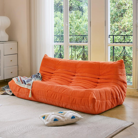 N&V Fireside Three Seater, Mid Century Armless Twin Size Floor Sofa, Soft Premium Corduroy Floor Lounge Chair, Foam Sofa Accent Chair for Living Room, Bedroom (Tangerine)