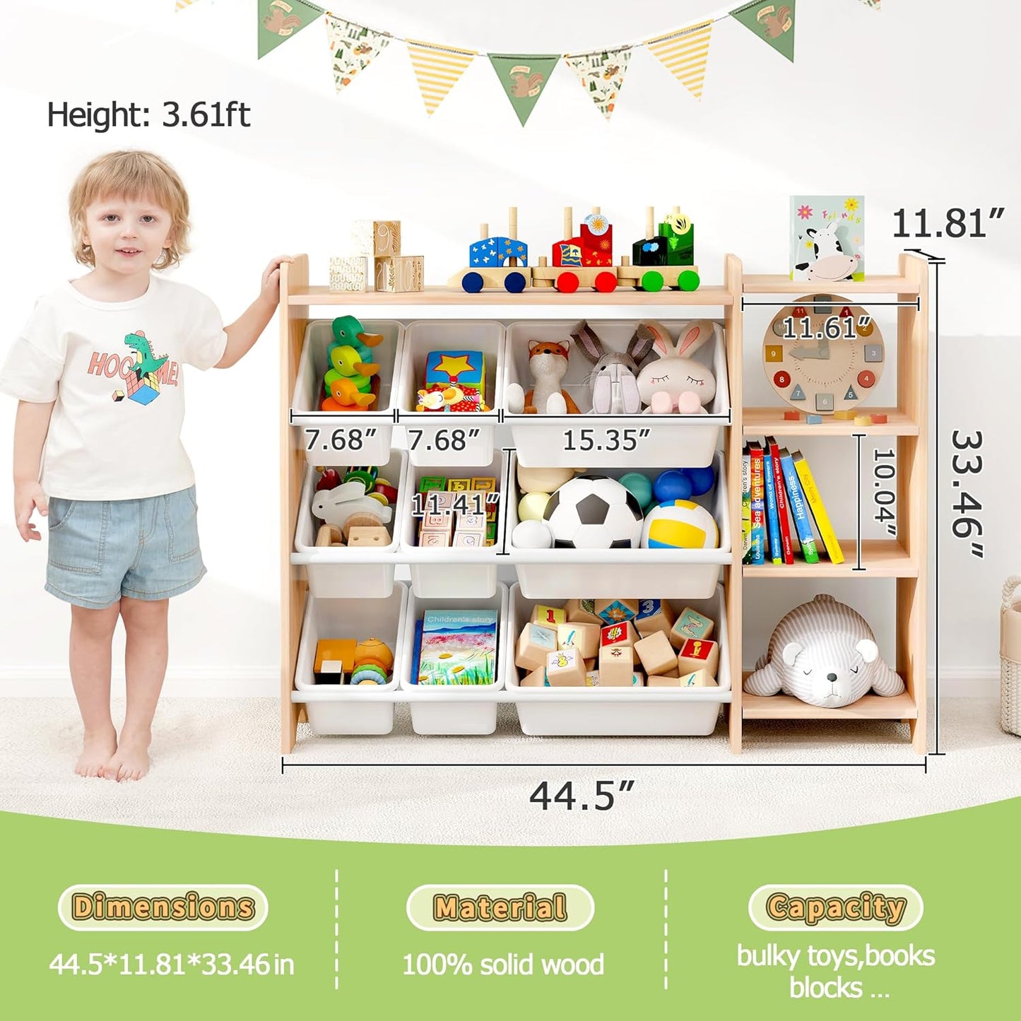 MallBest 4-Tier Kids' Toy Storage Organizer Shelf - 100% Solid Wood,Children's Storage Cabinet with 9 Plastic Bins and and 3 Storage Ports (Varnish-Single Color)