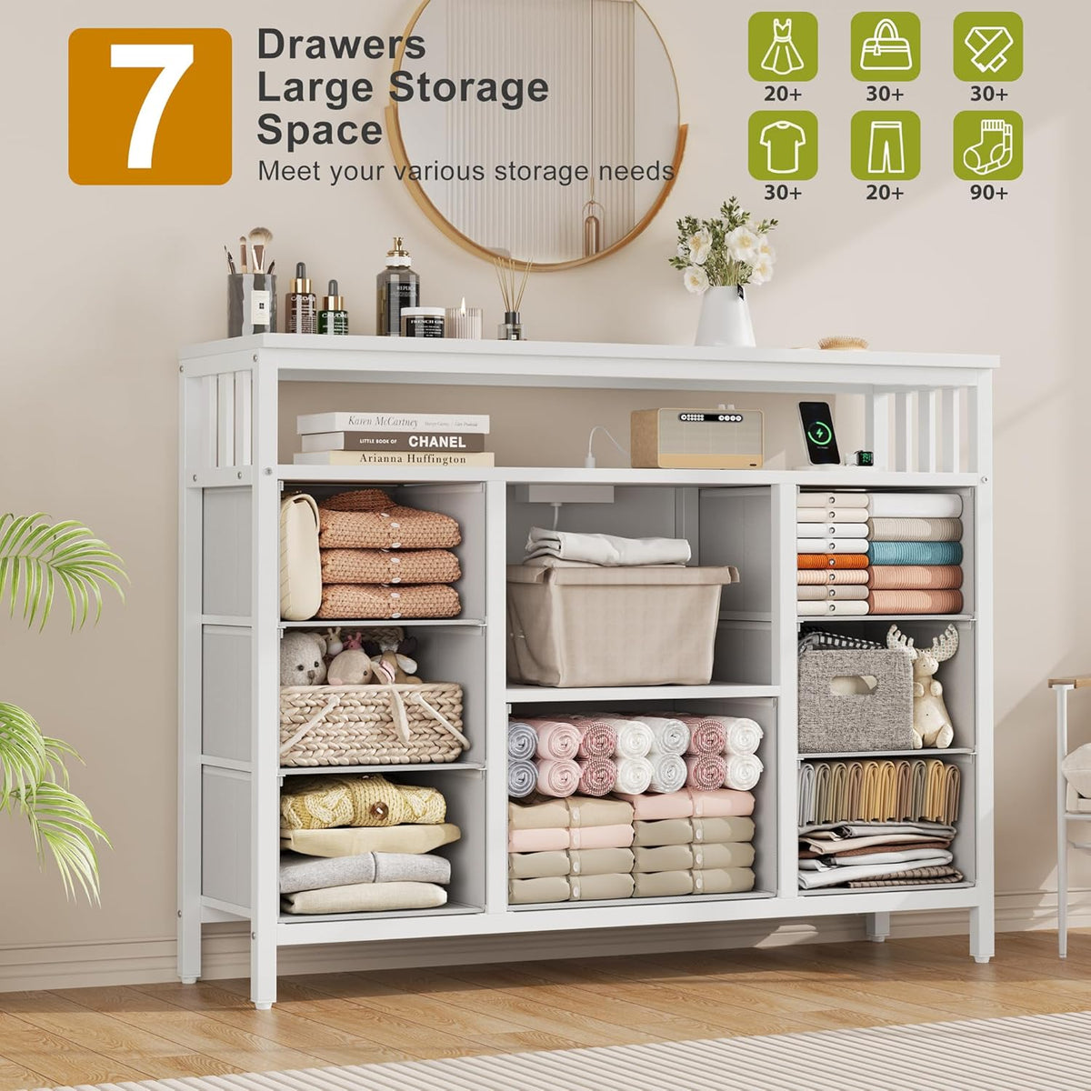 7 Drawer Dresser TV Stand with Power Outlets and LED Lights, Entertainment Center with Open Shelf, Media Console for 50“ TV, Dresser for Bedroom (White)