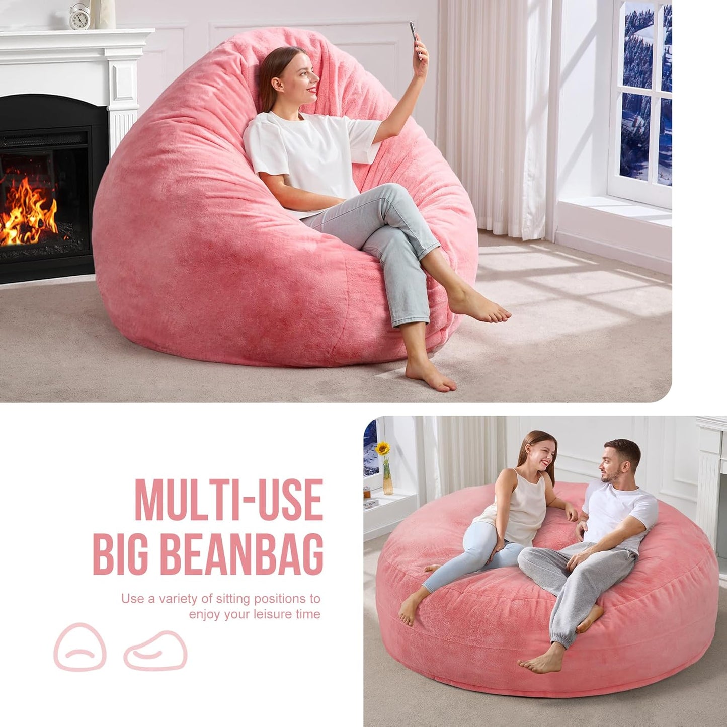 Hobestluk 6ft Bean Bag Chairs for Adults Large Beanbag Chair with Plush Faux Fur Cover Big Bean Bag Chair for Living Room Bedroom Dorm Office - Pink (70" x 70" x 15")