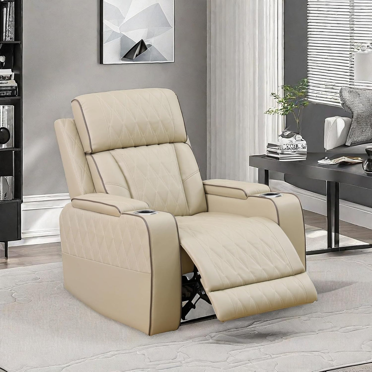 Recliner Chair, Leather Recliner Home Theater Seating, Electric Reclining Chair with USB Ports and Cup Holders, Breathing Chair with Hidden Arm Storage, Ambient Lighting, Beige