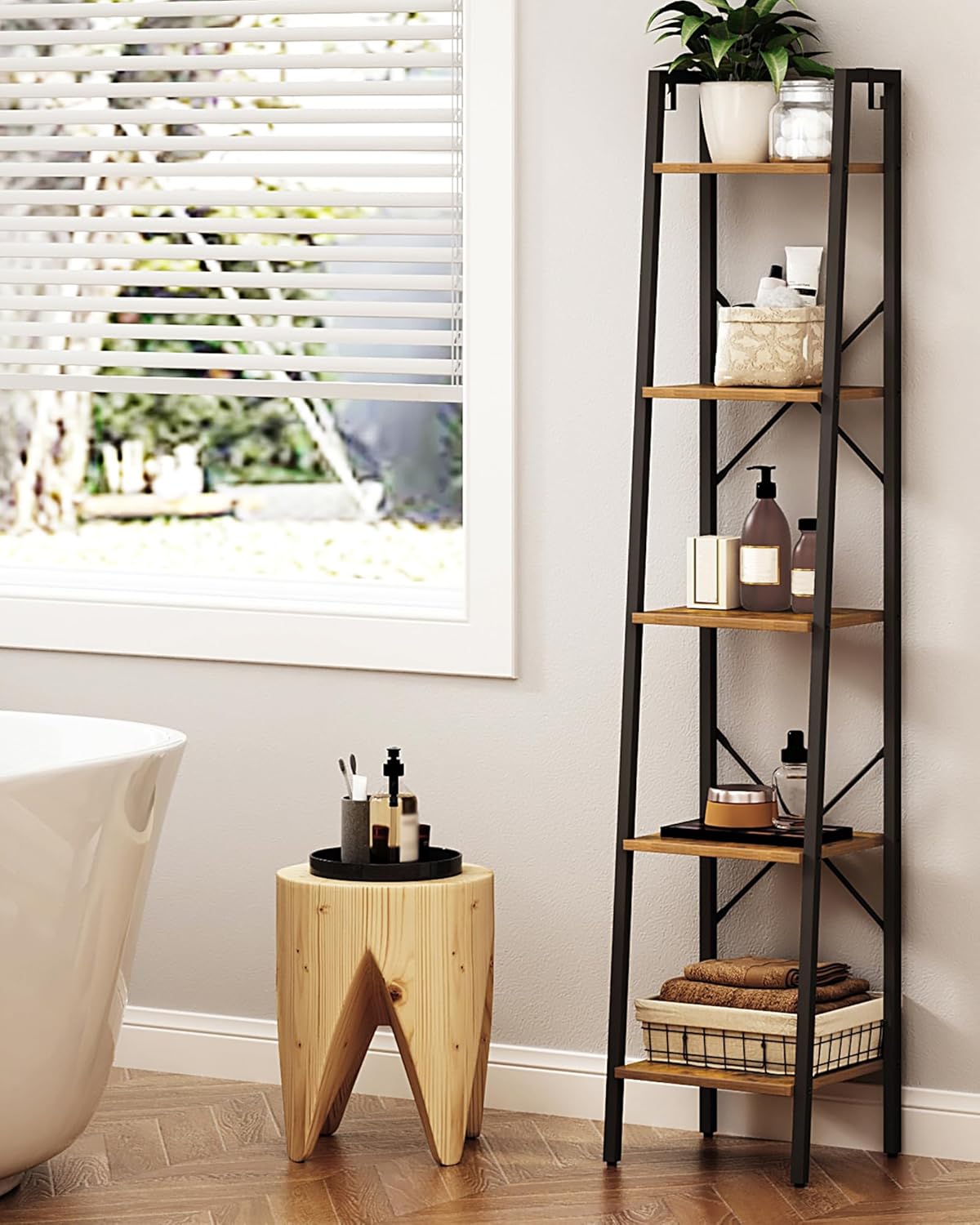 Ladder Shelf, Bookshelf Bookcase, Freestanding Corner Storage Shelve with 2 Hooks for Home Office, Living Room, Kitchen, Bedroom, Industrial, 5-Tier Rustic Brown BC03201B