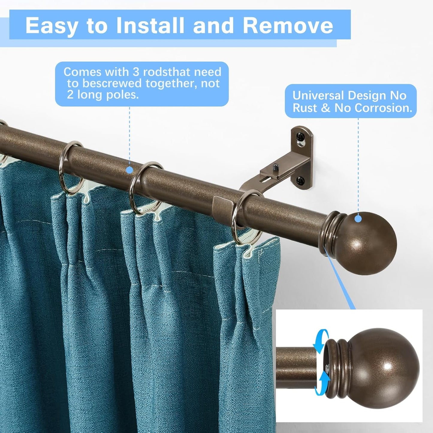 Curtain Rods for Windows 16 to 48 Inches, Curtain Rod Max Adjustable Length of 60 IN, 6/8" Diameter Drapery Rods Round Finials, Brown, Pack of 1