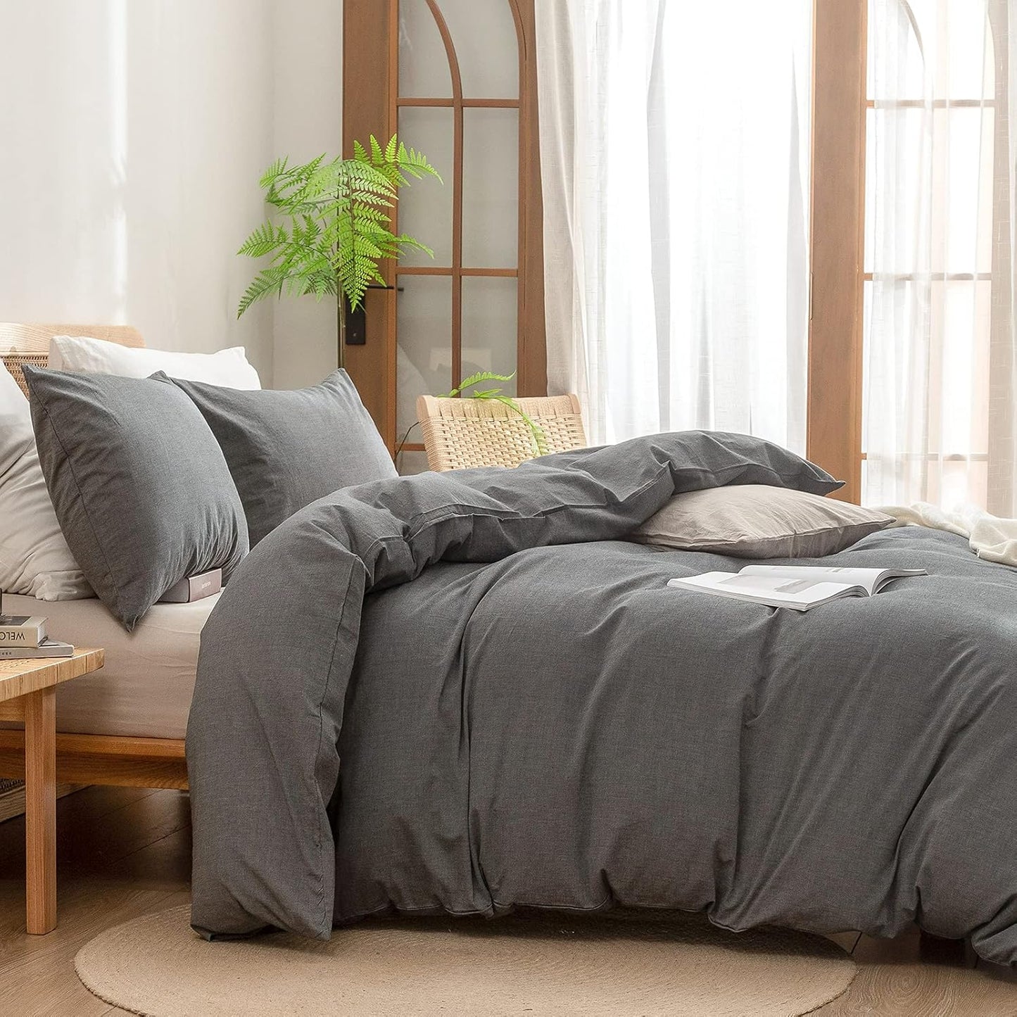 BESTOUCH Duvet Cover Set 100% Washed Cotton Linen Feel Super Soft Comfortable Chic Lightweight 3 PCs Home Bedding Set Solid Dark Grey Super Queen