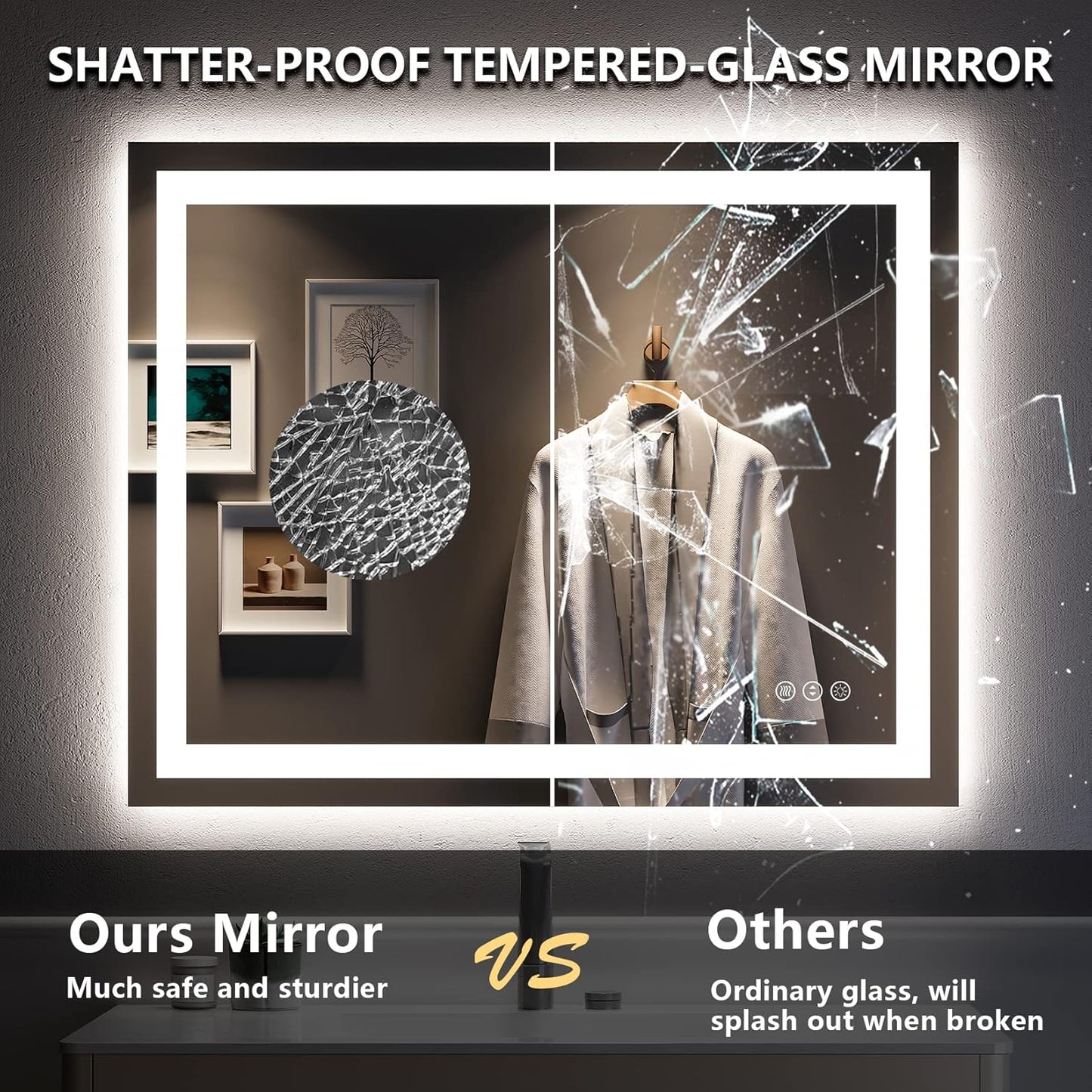 40x32 Inch LED Bathroom Mirror with Lights Front and Backlit Lighted Vanity Mirror for Bathroom Wall with 3 Colors Dimmable Anti-Fog Memory Shatter-Proof IP54 Waterproof Horizontal/Vertical