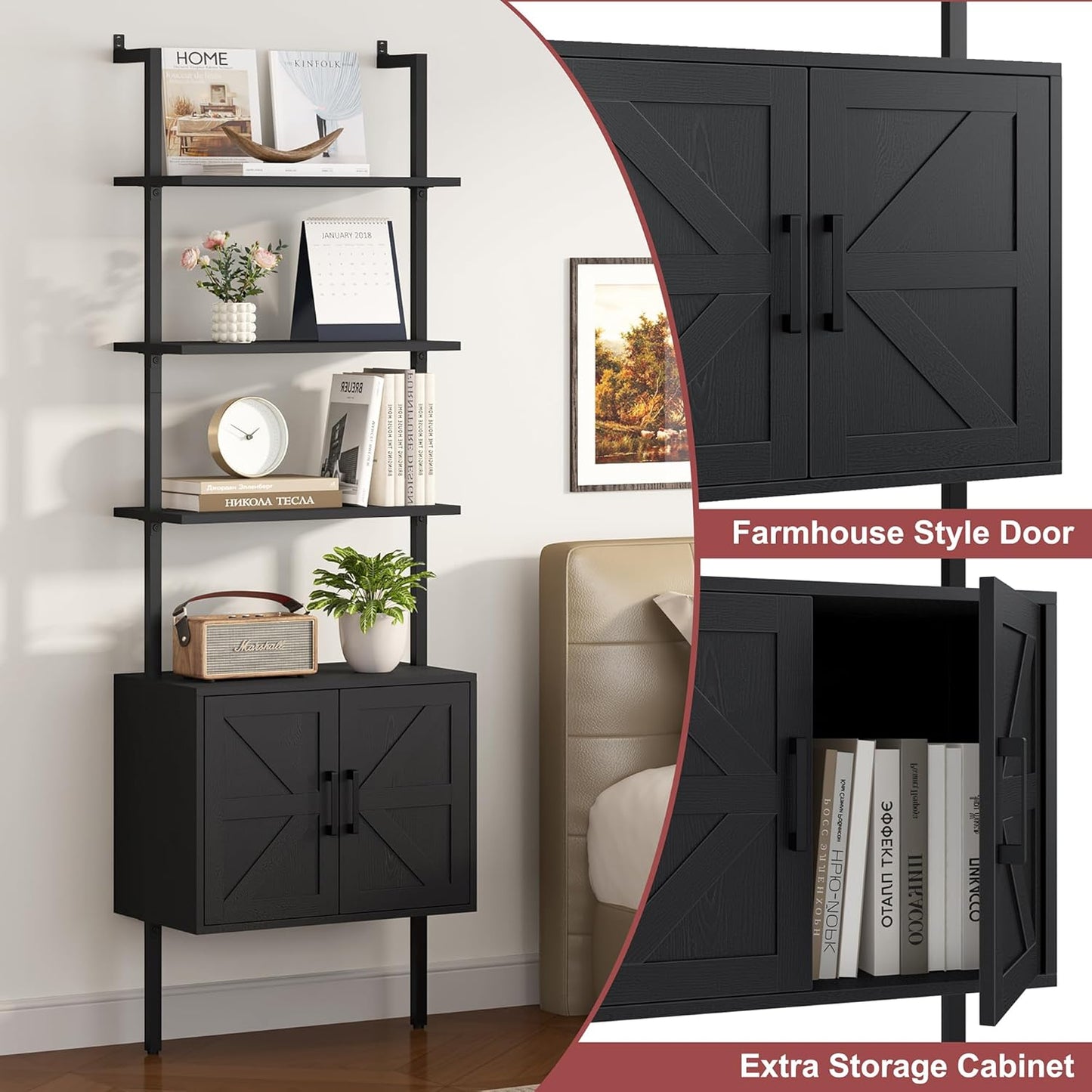 Yusong 73" Tall Bookshelf with Cabinet, Industrial Ladder Wall Mount Shelf Farmhouse Bookcase with Wood and Metal Frame, Plant Shelf Wall Storage Display for Living Room Bedroom, Farmhouse Black