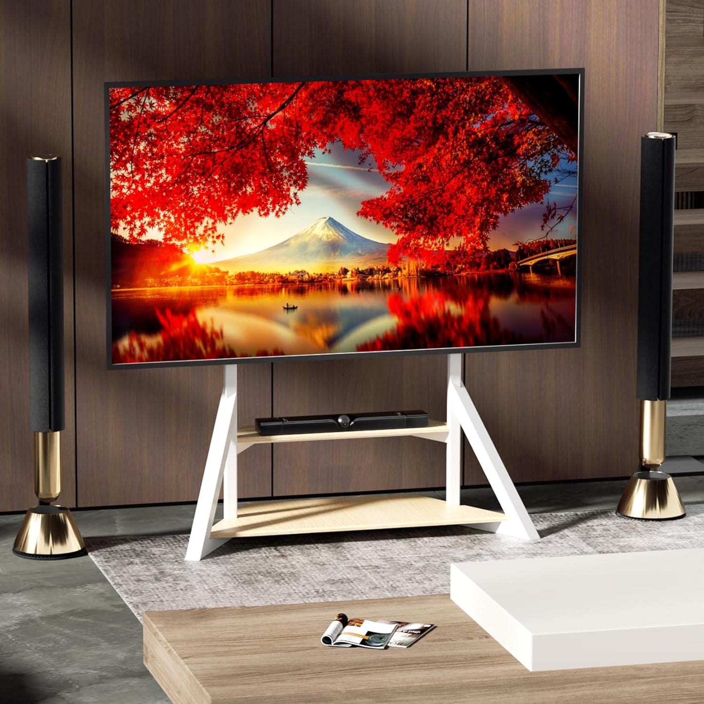 unho White TV Floor Stand with Wheels Shelves for 65 to 100 inch Large LCD/LED Flat Curved Screen up to 220lbs, Adjustable Heights TV Mount Stands VESA 800x600mm, Rolling TV Stand for Bedroom Office