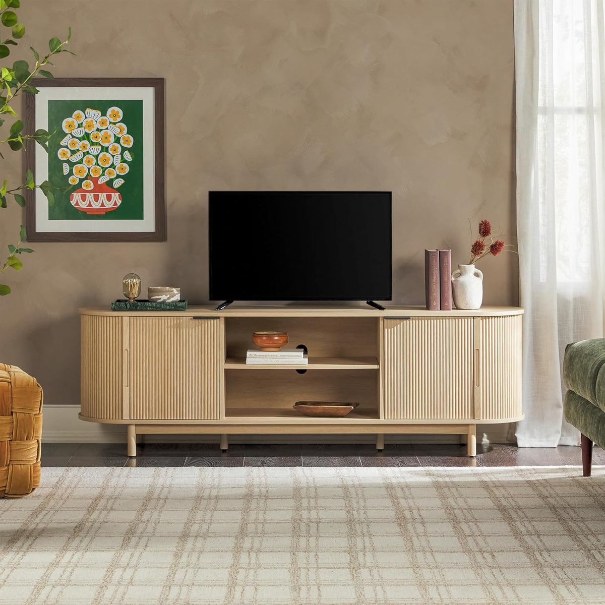 Walker Edison Modern Curved Reeded TV Stand for TVs up to 70 Inches, Credenza with Sliding Doors and Adjustable Shelves, TV Stand with Cord Management Cutout, 70 Inch, Coastal Oak