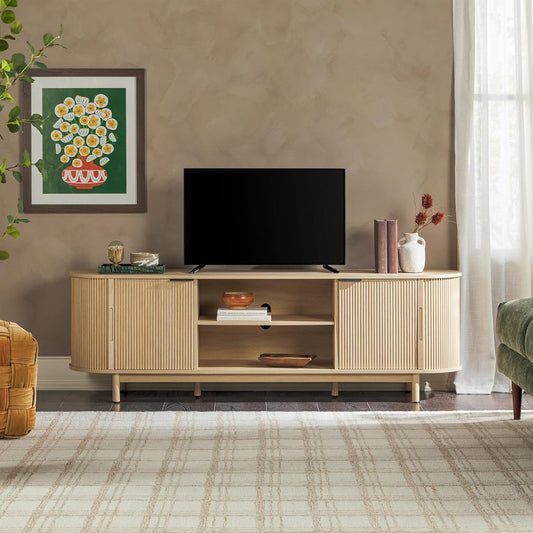Walker Edison Modern Curved Reeded TV Stand for TVs up to 70 Inches, Credenza with Sliding Doors and Adjustable Shelves, TV Stand with Cord Management Cutout, 70 Inch, Coastal Oak