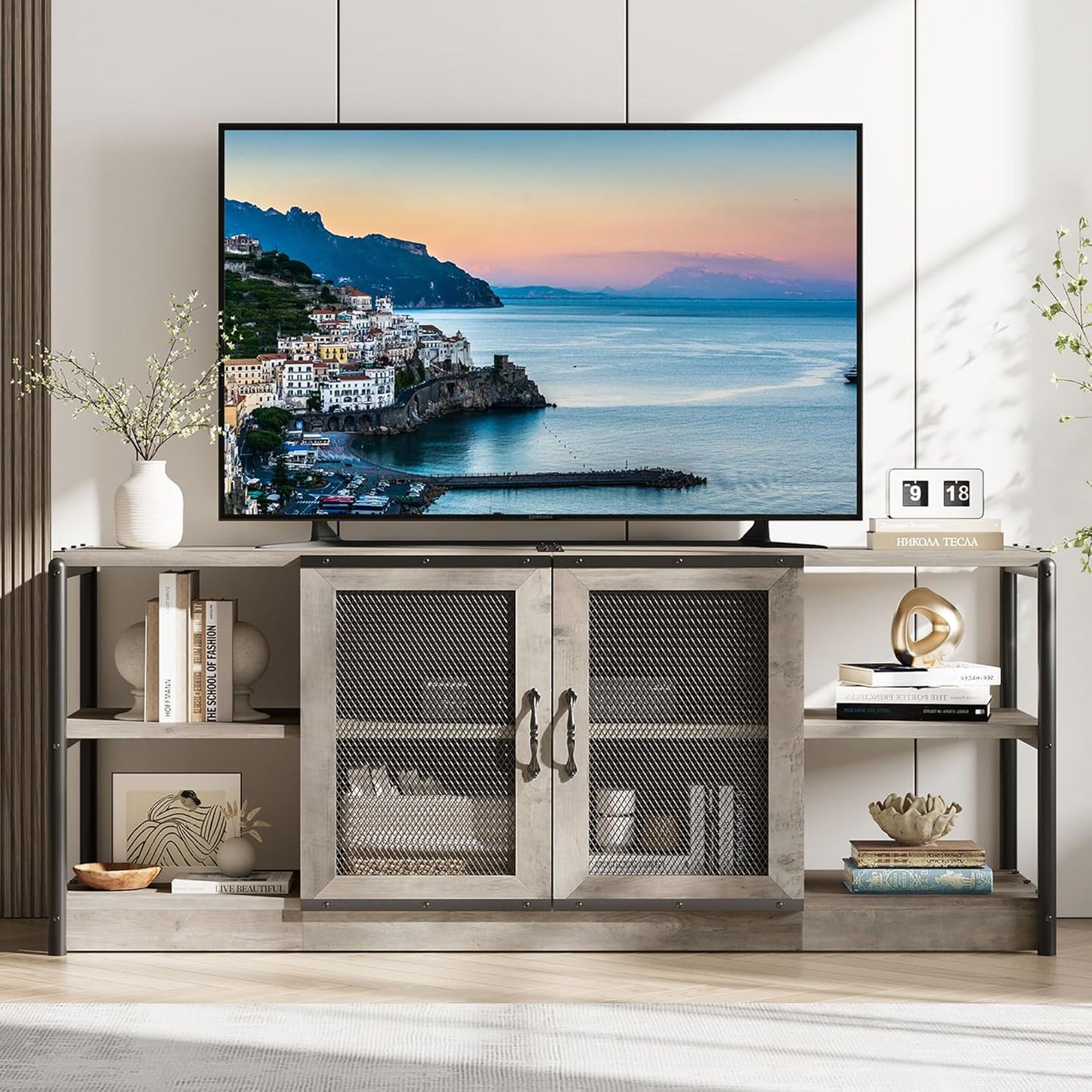 GarveeHome Farmhouse TV Stand for 65/75 Inch TVs, Entertainment Center with Storage Cabinet, 63'' Rustic TV Media Console Table, Furniture for Living Room, Grey