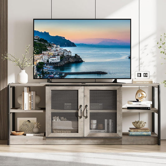 GarveeHome Farmhouse TV Stand for 65/75 Inch TVs, Entertainment Center with Storage Cabinet, 63'' Rustic TV Media Console Table, Furniture for Living Room, Grey