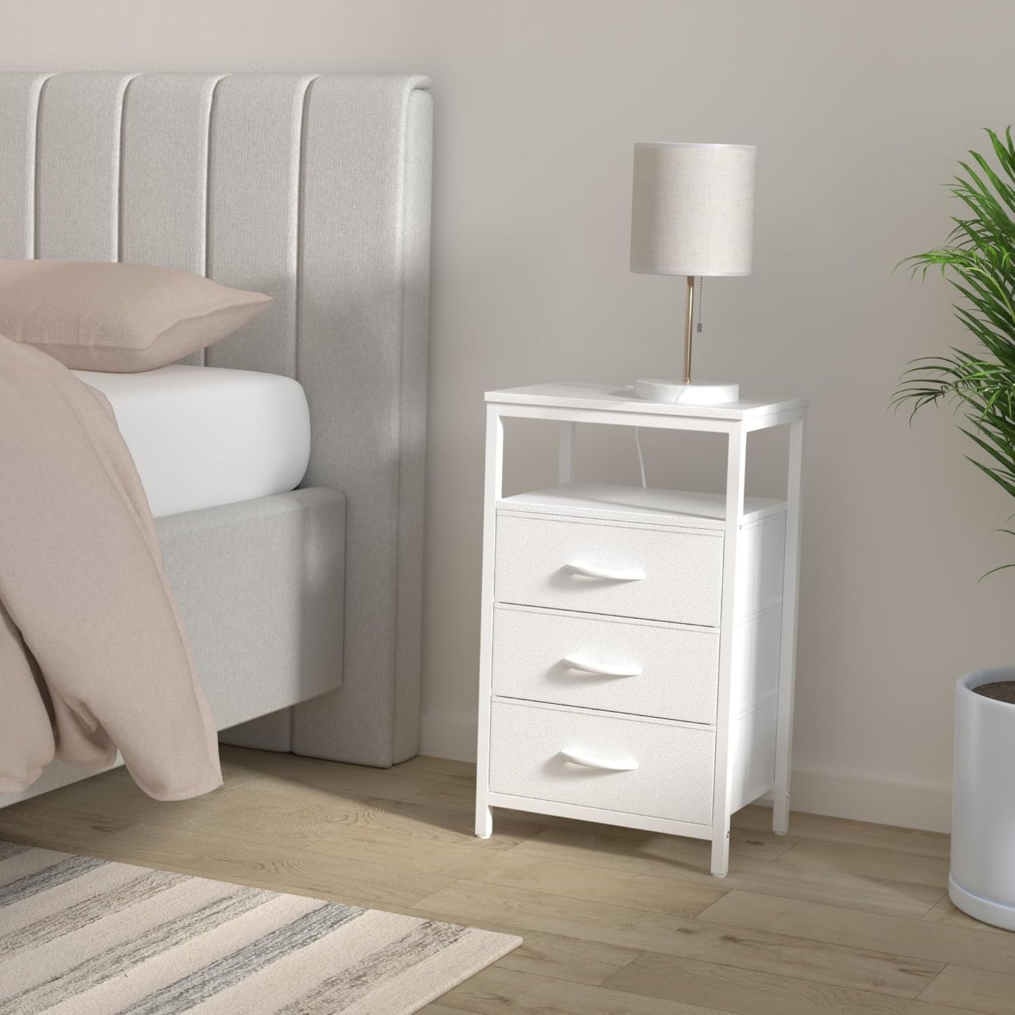 Huuger Nightstands Set of 2, 27.6 Inch End Tables with Charging Station, Bedside Tables with Drawers, PU Leather Finish, USB Port and Outlet, Night Stands for Bedroom, White