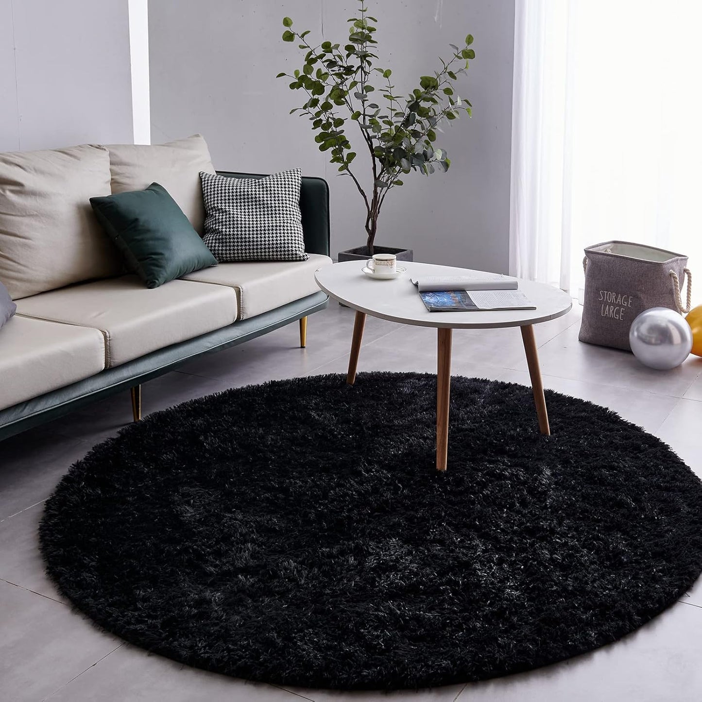 FJZFING Black Round Rug Ultra-Soft Plush Modern 7x7 Circle Area Rug for Kid's Bedroom, Fluffy Shag Circular Rug for Nursery Room, Non-Slip Home Decor Cute Black Carpet for Teen's Room