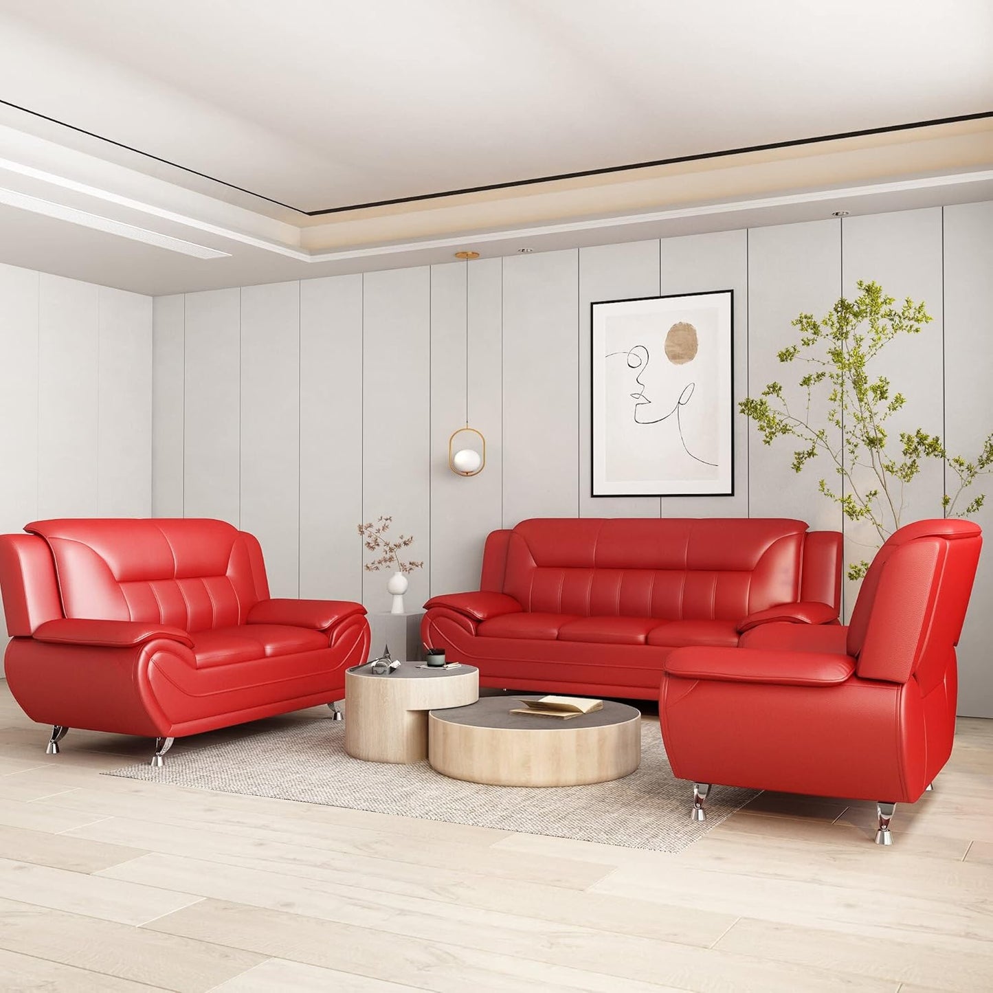 Container Furniture Direct Michael Modern Faux Leather Upholstered Stainless Steel Legs Living Room Loveseat, Red