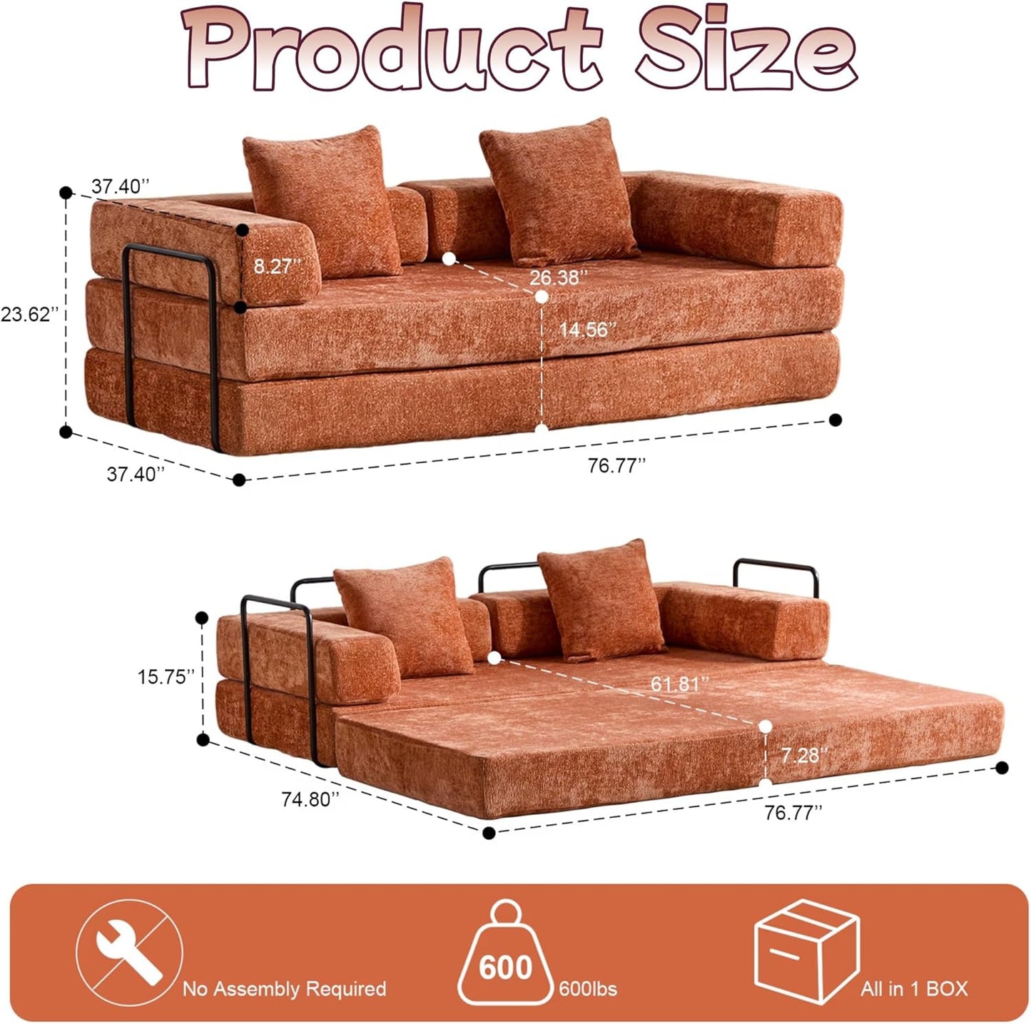 Convertible Sofa Bed, Compression Futon Sofa with Pillows & Armrest, Foldable Mattress Couch with Fixed-Shape Frame, Comfy Couch Lounge Sleeper Bed for Living Room Bedroom, Orange