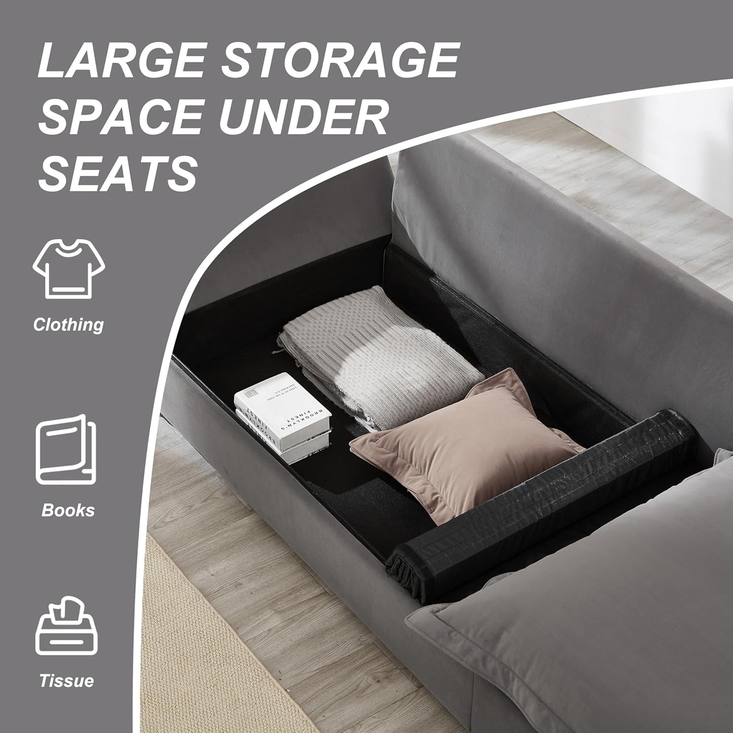 126 Inch Sailing Design Modular Sectional Cloud Sofa with Storage, Modern Deep Seat Couch w/Throw Pillows & Removable Backrest for Living Room Bedroom Apartment,Grey