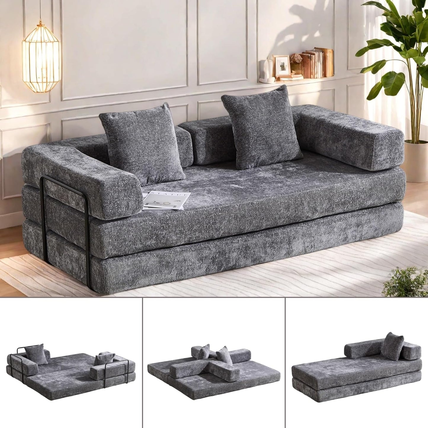 Convertible Sofa Bed, Compression Futon Sofa with Pillows & Armrest, Foldable Mattress Couch with Fixed-Shape Frame, Comfy Couch Lounge Sleeper Bed for Living Room Bedroom, Dark Gray