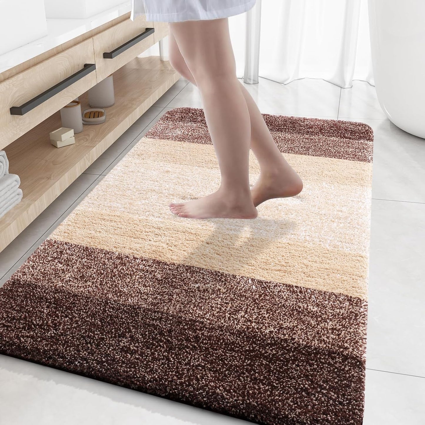 OLANLY Bathroom Rug Mat 59x35, Extra Soft and Absorbent Microfiber Bath Rugs, Non-Slip Plush Shaggy Bath Carpet, Machine Wash Dry, Bath Mats for Bathroom Floor, Tub and Shower, Brown
