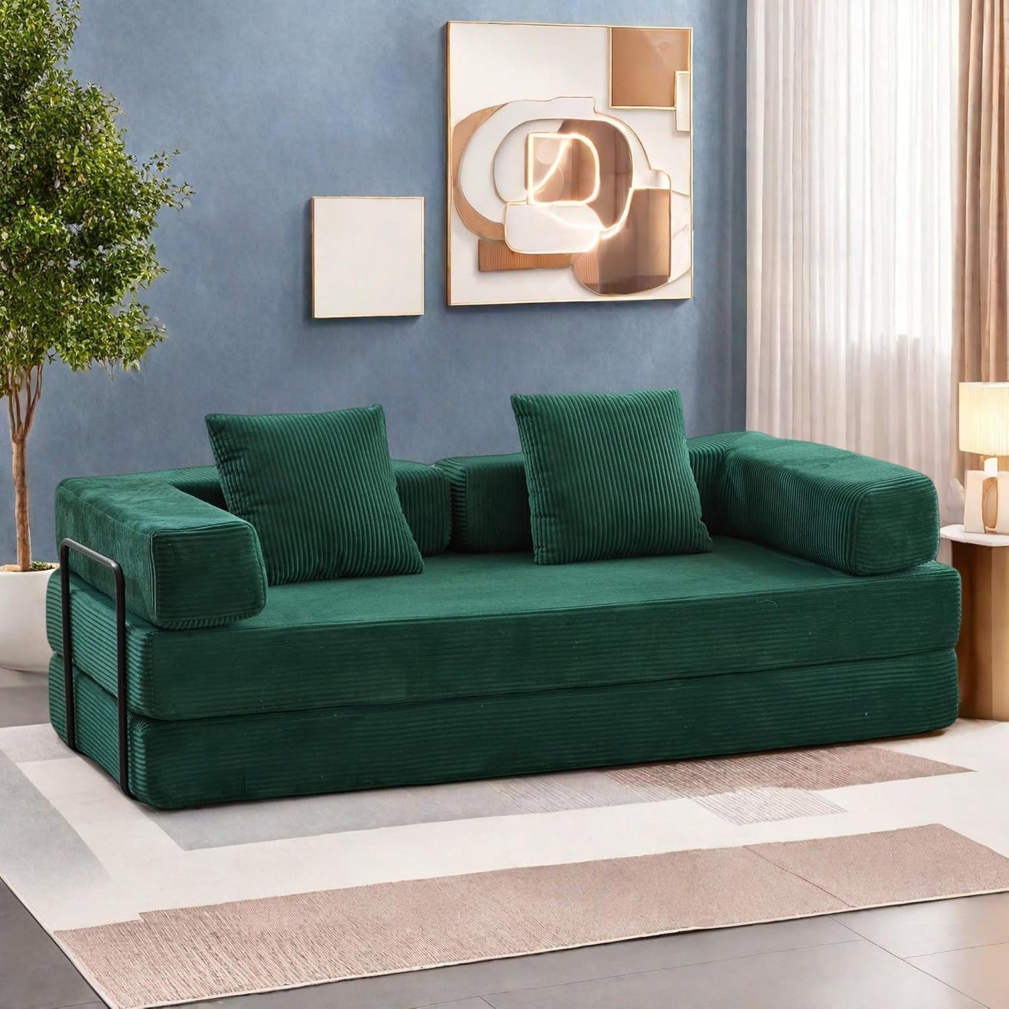 Convertible Sofa Bed, Compression Futon Sofa with Pillows & Armrest, Foldable Mattress Couch with Fixed-Shape Frame, Comfy Couch Lounge Sleeper Bed for Living Room Bedroom, Green