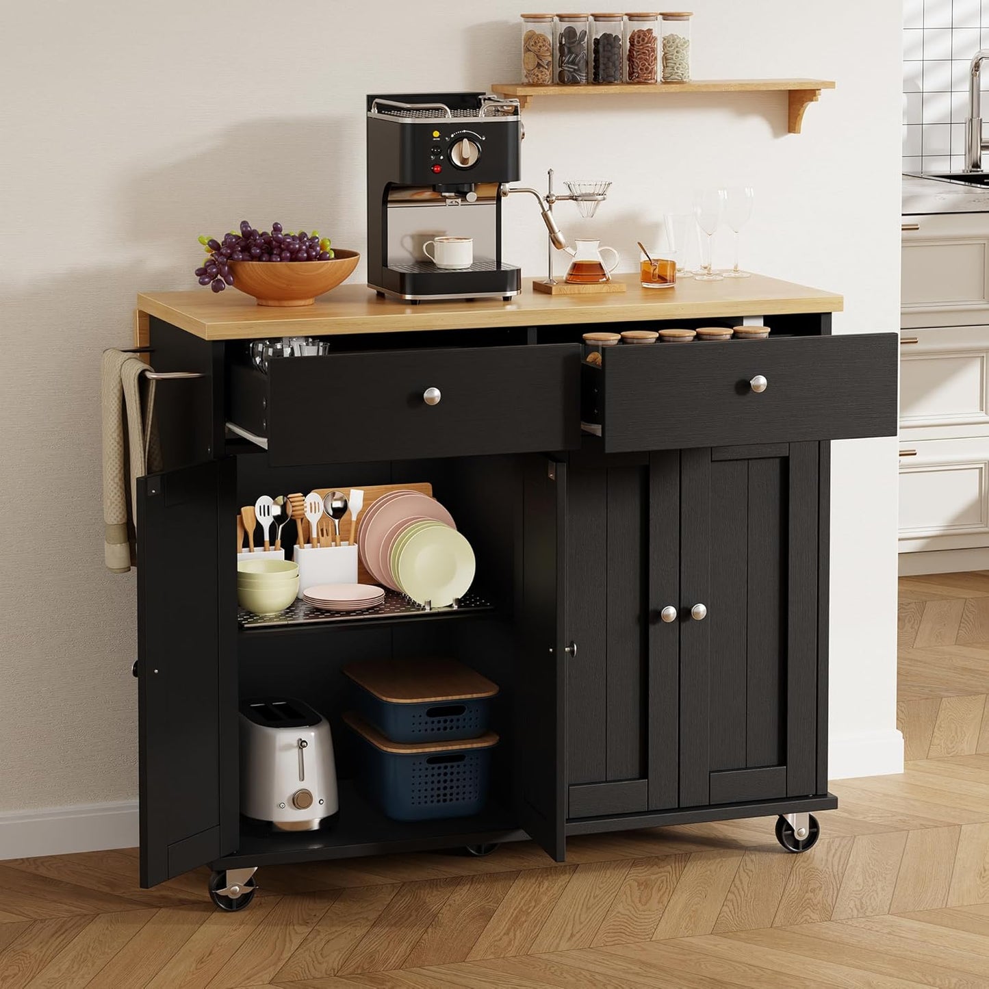Shintenchi Kitchen Island with Drop Leaf, Rolling Kitchen Cart with Storage on Wheels, Table Bar Cart for Kitchen with Towel Rack & Seating Area for Dining Room, Black