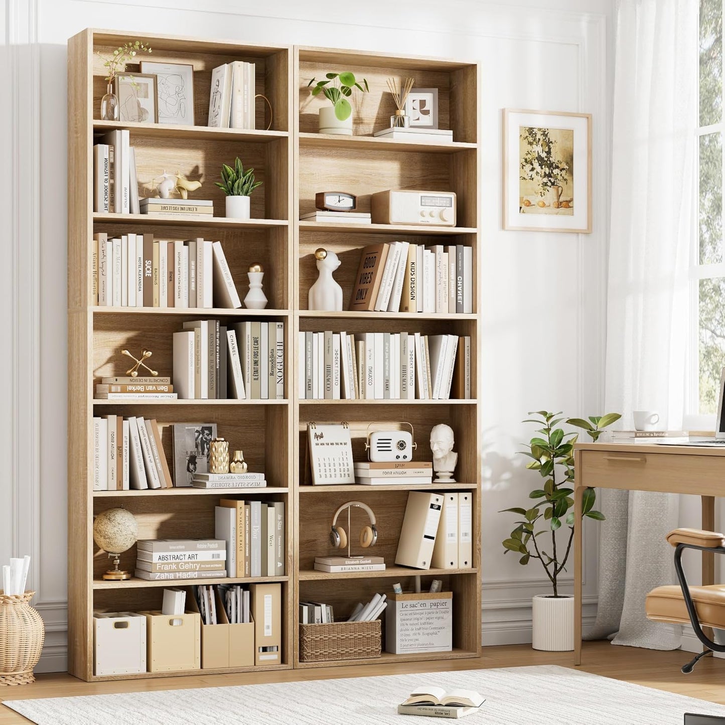 82" Tall Bookshelf, 7-Tier Open Shelves Bookcase, Freestanding Display Storage Shelves, Tall Bookcase Home Decor Furniture for Home Office, Living Room, Bedroom, Light Oak