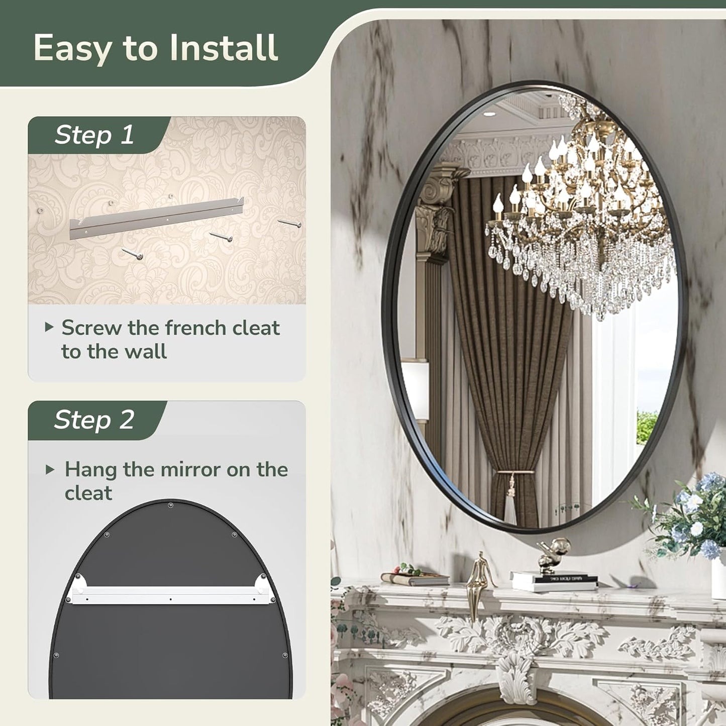 TokeShimi Black Oval Mirrors for Wall Decor 24x36 Inch with Non-Rusting Aluminum Alloy Brushed Matte Framed Wall Mounted for Bathroom, Entryway, Living Room, Bedroom,Vanity or Horizontal