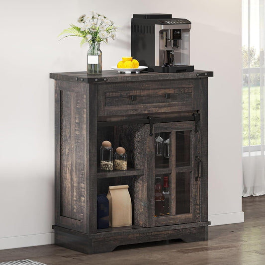 DWVO Farmhouse Coffee Bar Cabinet, Sideboard Buffet Cabinet with Drawer & Adjustable Shelves, Storage Cabinet with Sliding Barn Door for Kitchen and Living Room, Dark Rustic Oak